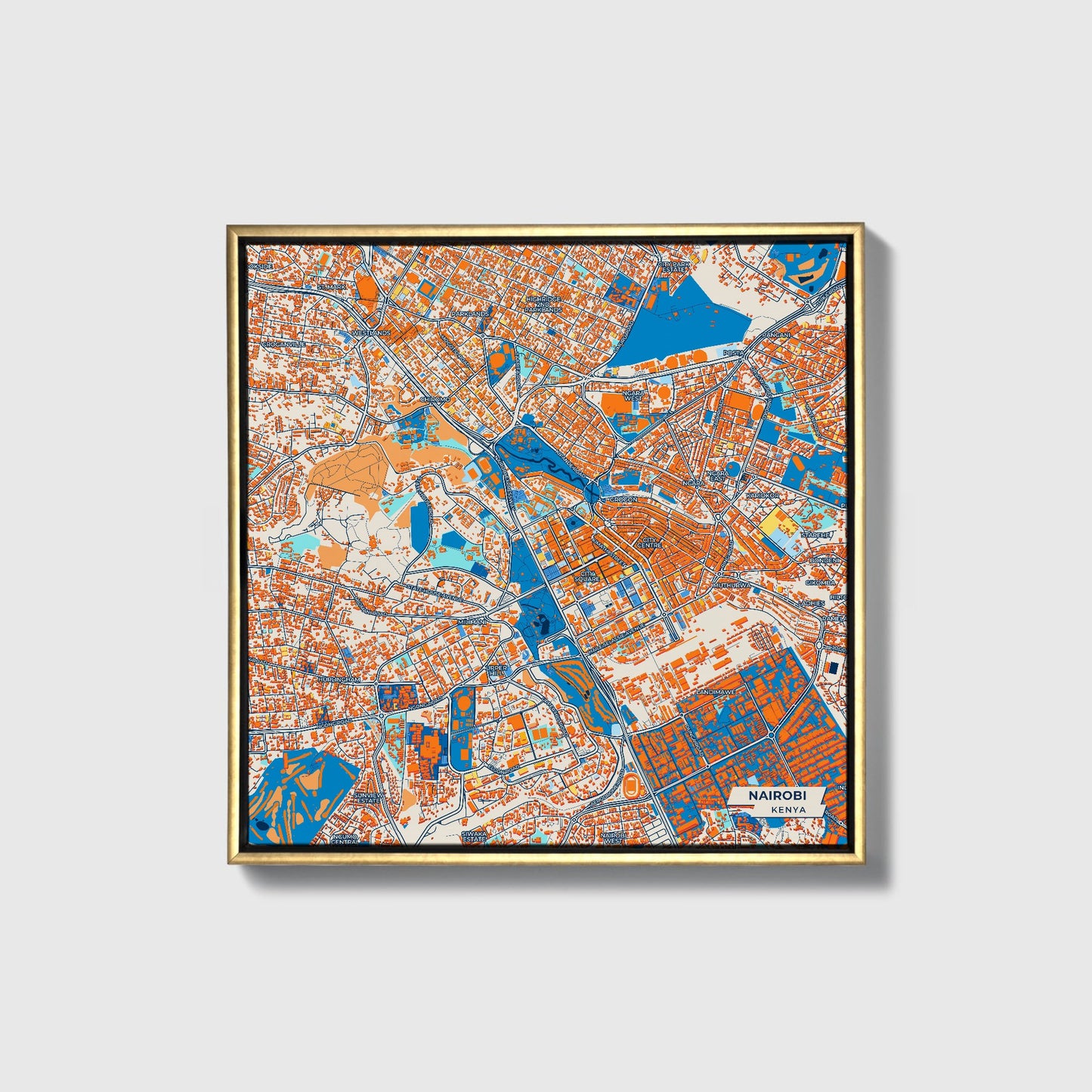 Nairobi Kenya Colorful City Map Canvas Print • Gold Framed
