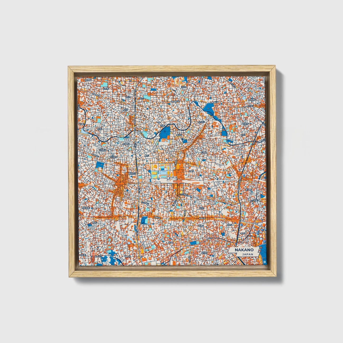 Nakano Japan Colorful City Map Canvas Print • Natural Wooden Framed