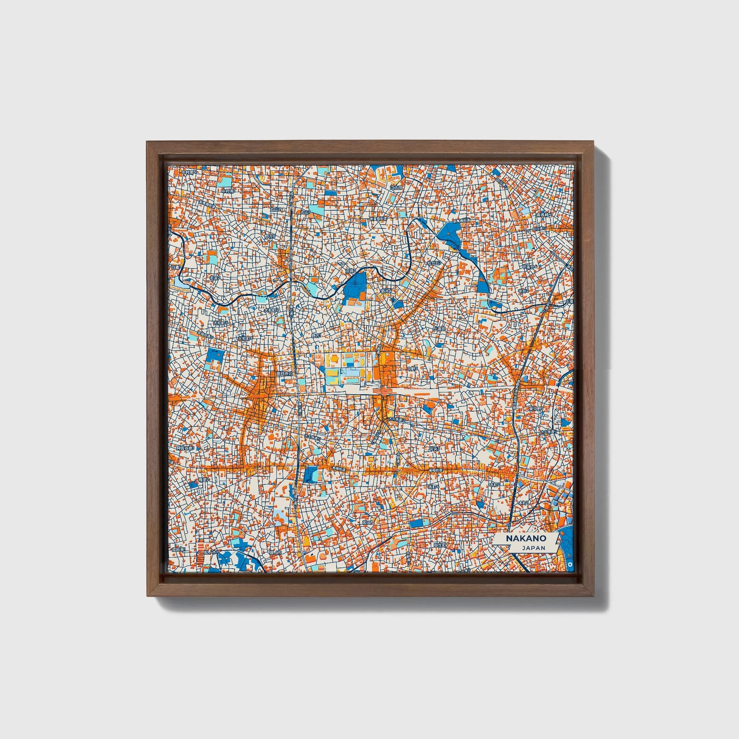 Nakano Japan Colorful City Map Canvas Print • Dark Wooden Framed