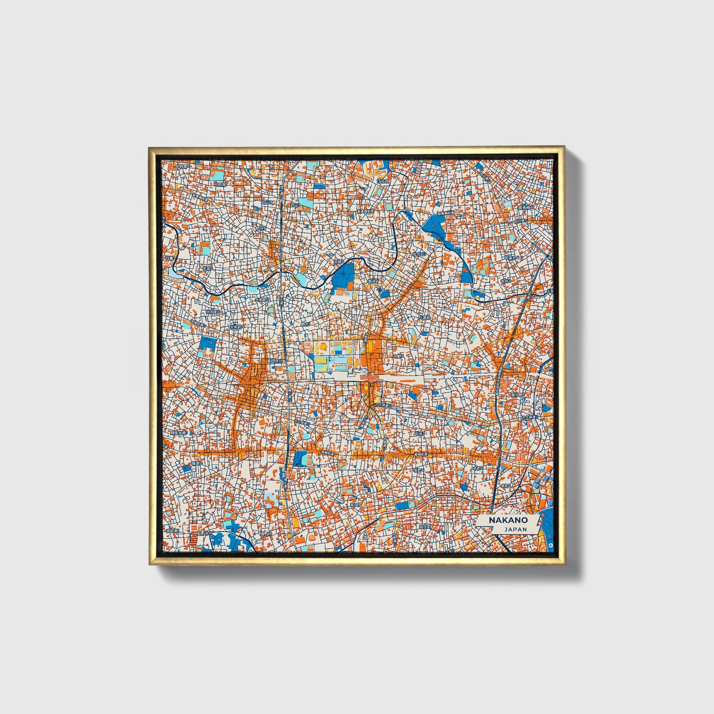 Nakano Japan Colorful City Map Canvas Print • Gold Framed
