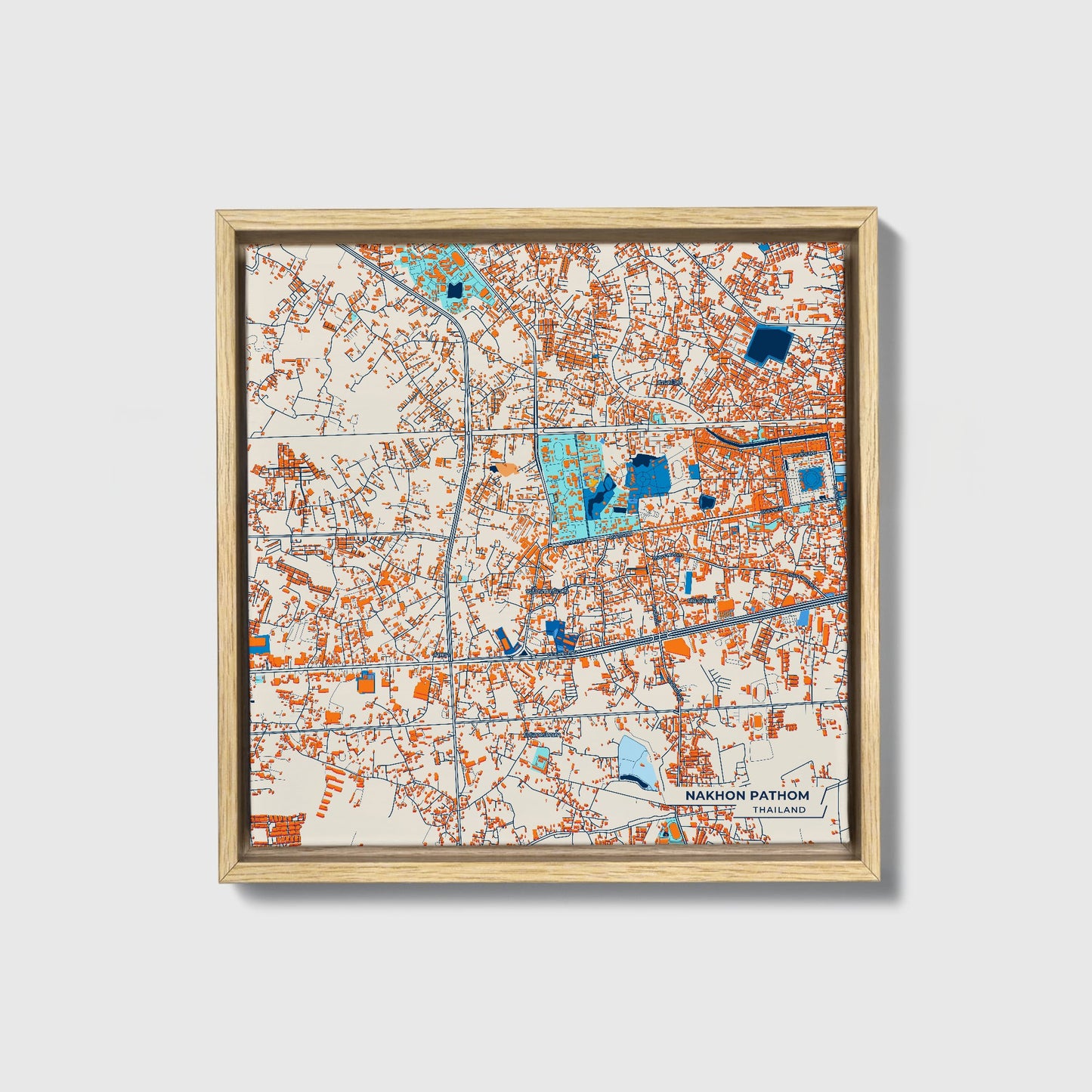 Nakhon Pathom Thailand Colorful City Map Canvas Print • Natural Wooden Framed