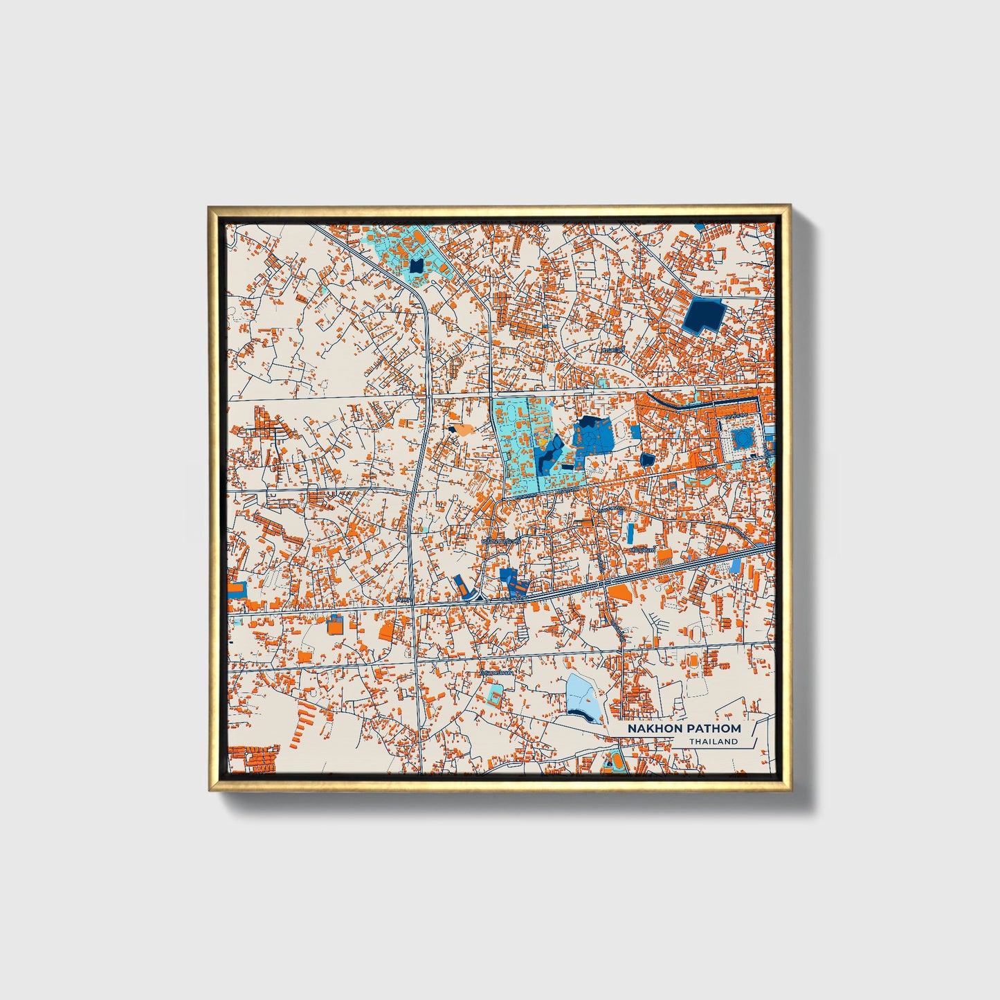 Nakhon Pathom Thailand Colorful City Map Canvas Print • Gold Framed