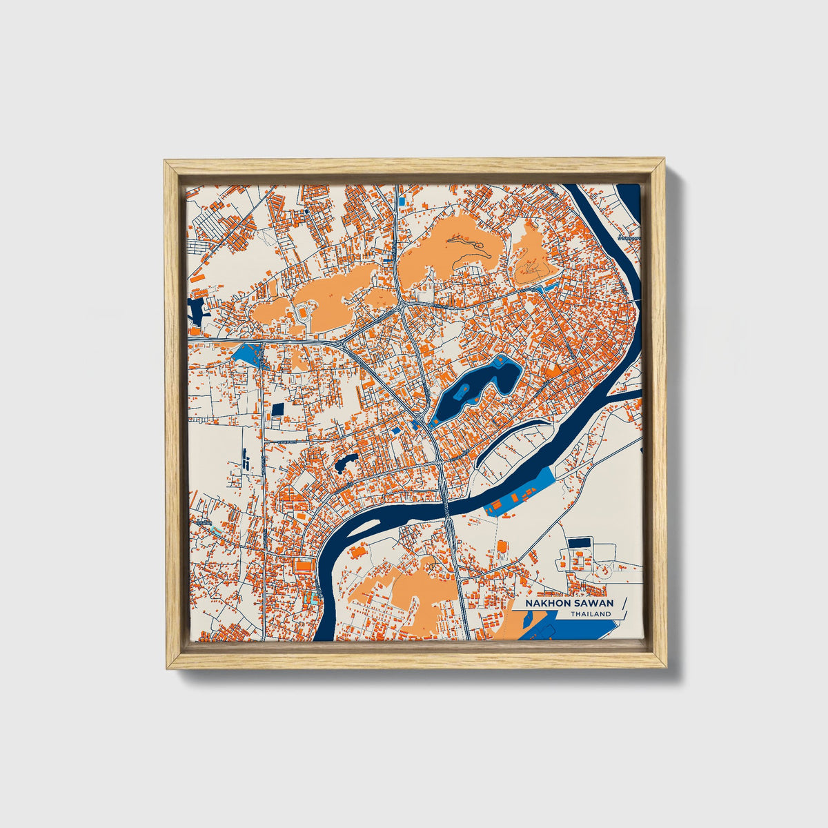 Nakhon Sawan Thailand Colorful City Map Canvas Print • Natural Wooden Framed