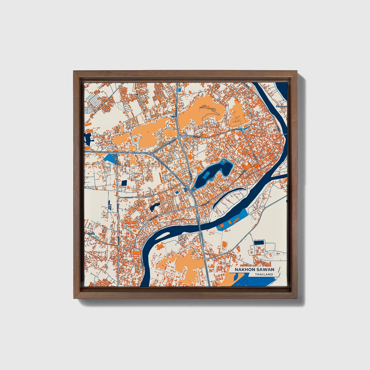 Nakhon Sawan Thailand Colorful City Map Canvas Print • Dark Wooden Framed