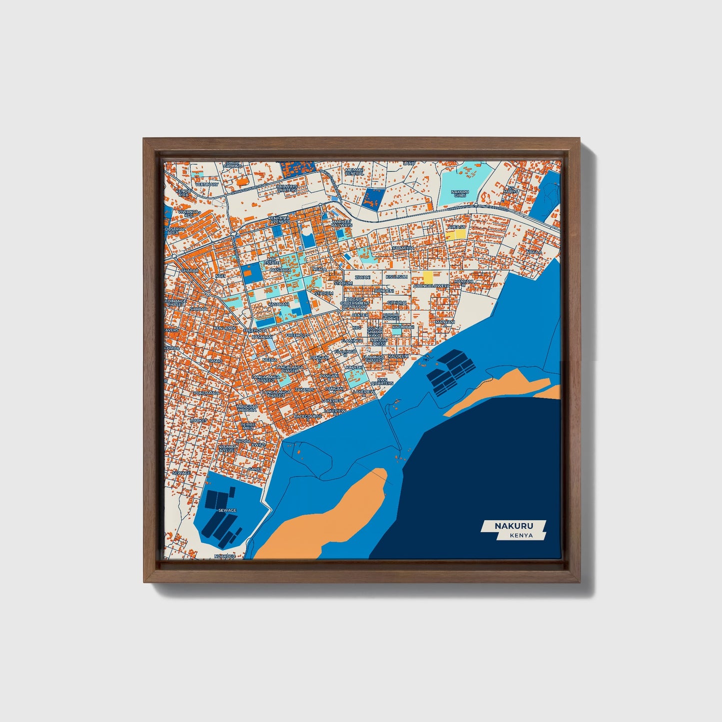 Nakuru Kenya Colorful City Map Canvas Print • Dark Wooden Framed