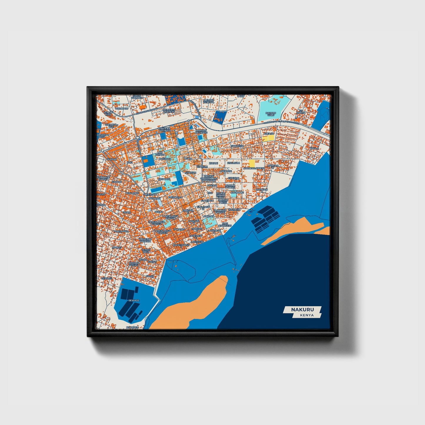 Nakuru Kenya Colorful City Map Canvas Print • Black Framed