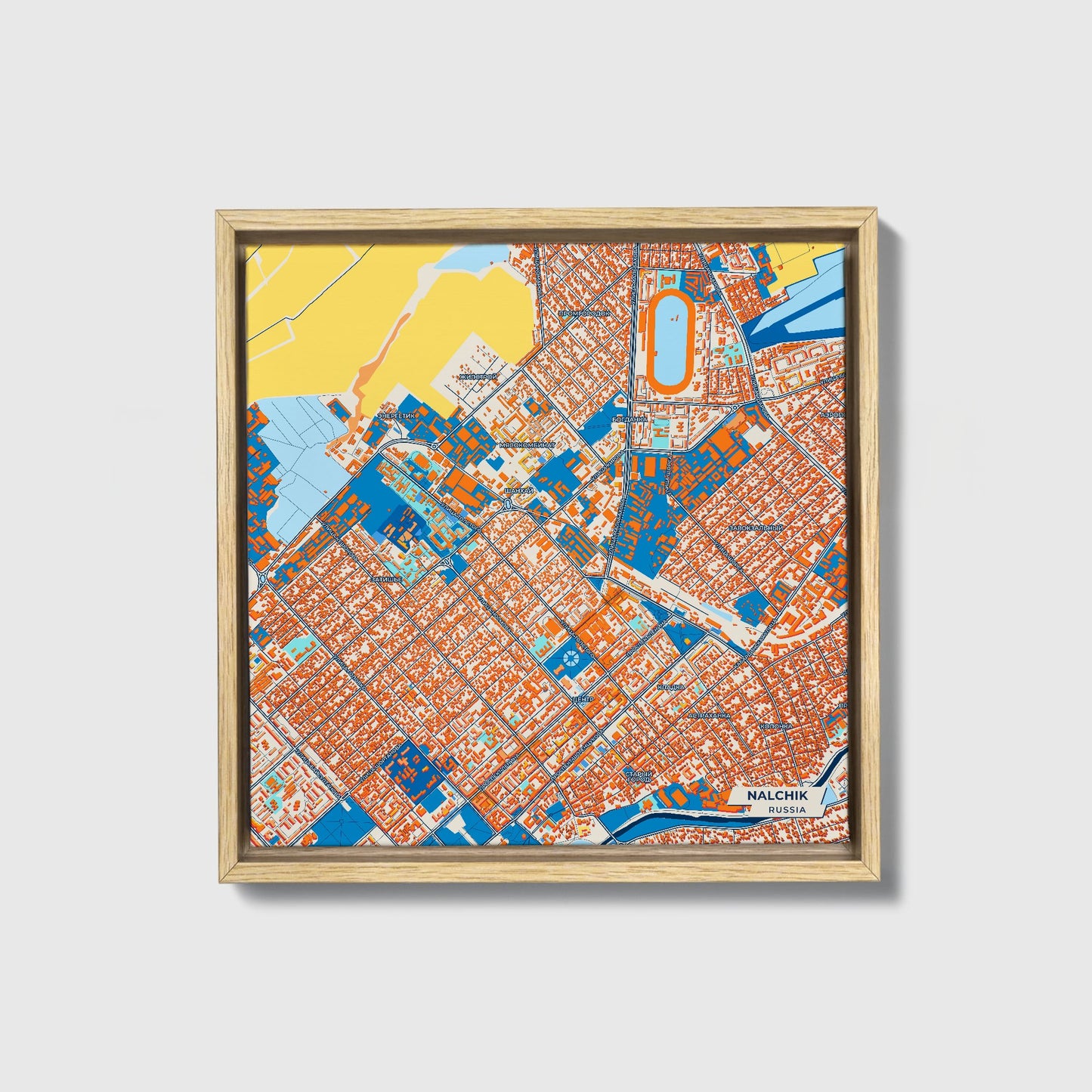 Нальчик Russia Colorful City Map Canvas Print • Natural Wooden Framed