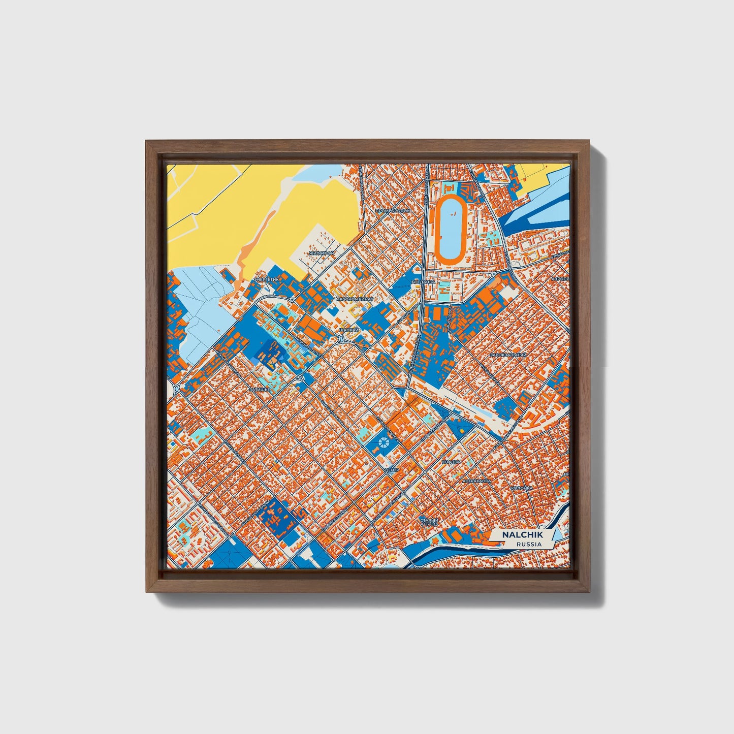 Нальчик Russia Colorful City Map Canvas Print • Dark Wooden Framed