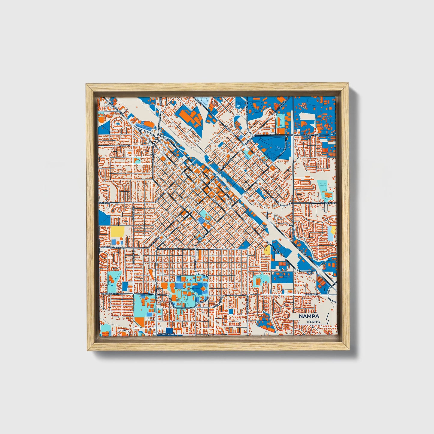 Nampa Idaho Colorful City Map Canvas Print • Natural Wooden Framed
