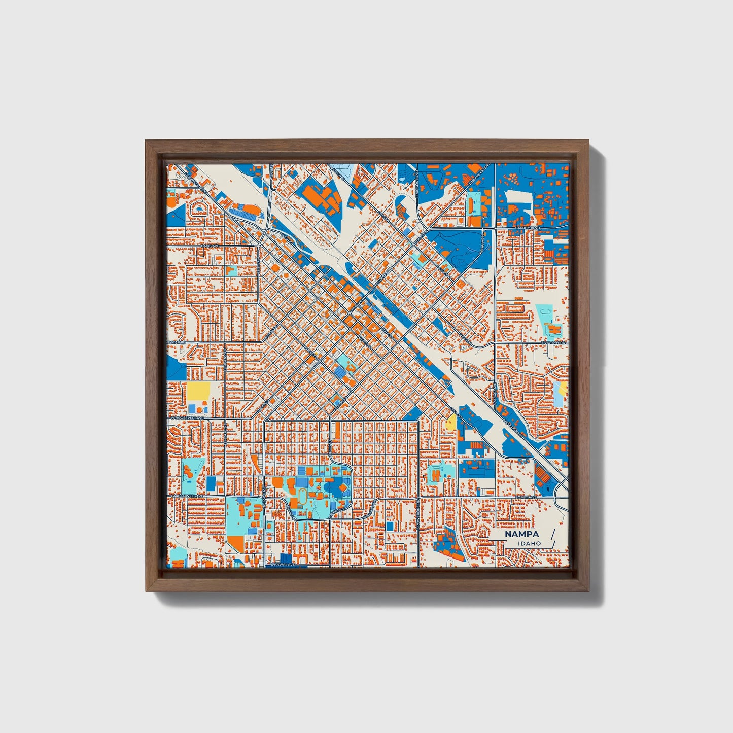 Nampa Idaho Colorful City Map Canvas Print • Dark Wooden Framed