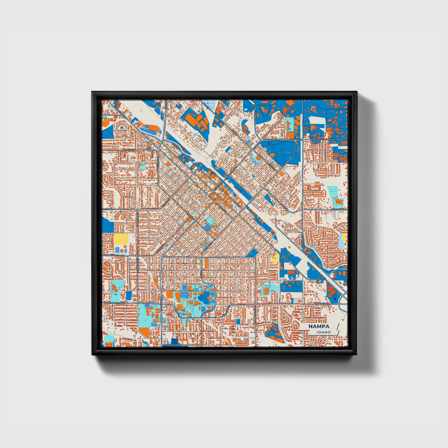 Nampa Idaho Colorful City Map Canvas Print • Black Framed