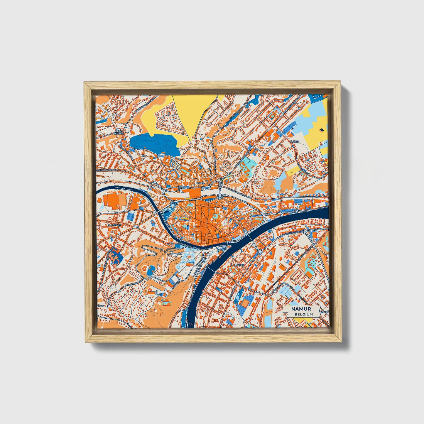 Namur  Belgium Colorful City Map Canvas Print • Natural Wooden Framed