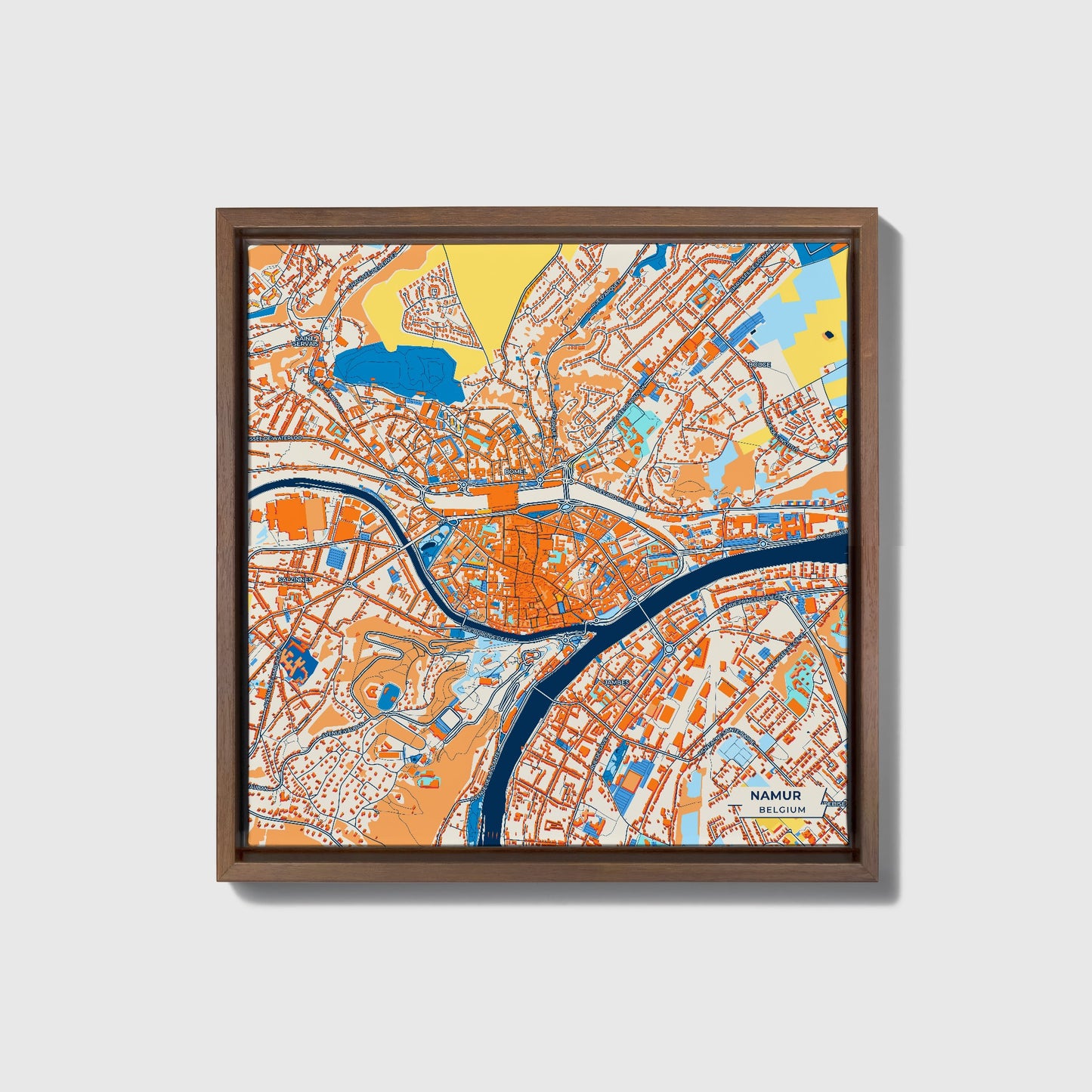 Namur  Belgium Colorful City Map Canvas Print • Dark Wooden Framed