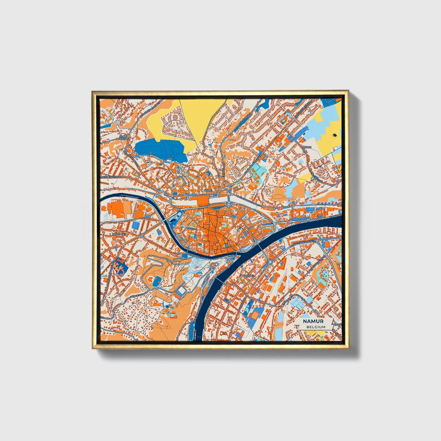 Namur  Belgium Colorful City Map Canvas Print • Gold Framed
