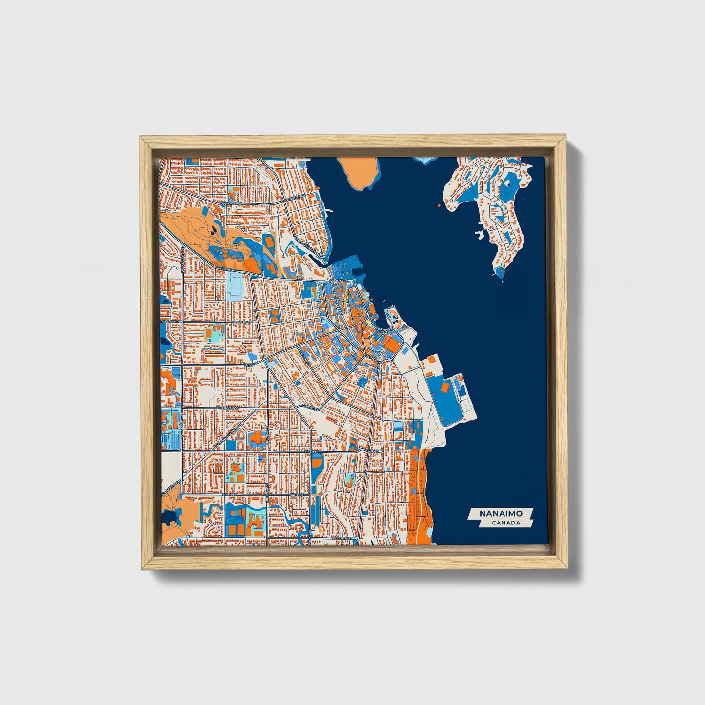 Nanaimo Canada Colorful City Map Canvas Print • Natural Wooden Framed