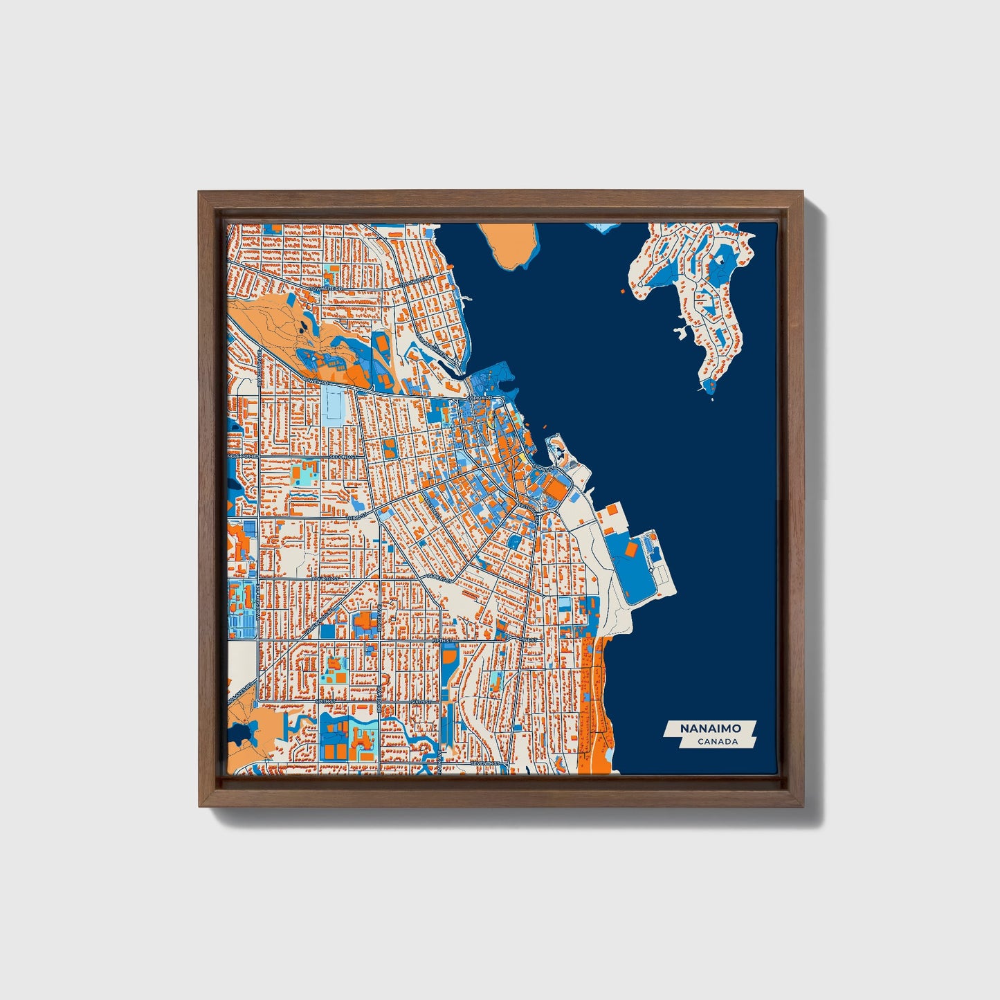 Nanaimo Canada Colorful City Map Canvas Print • Dark Wooden Framed