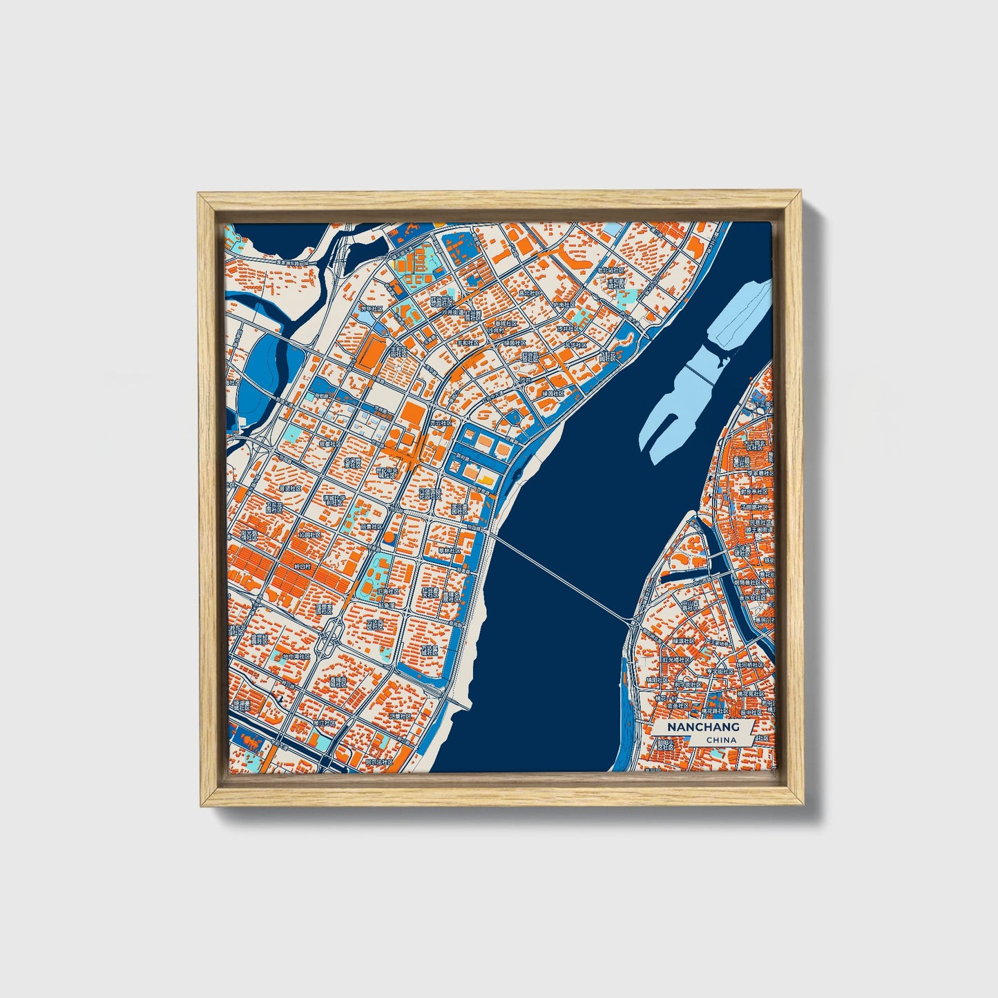 Nanchang China Colorful City Map Canvas Print • Natural Wooden Framed