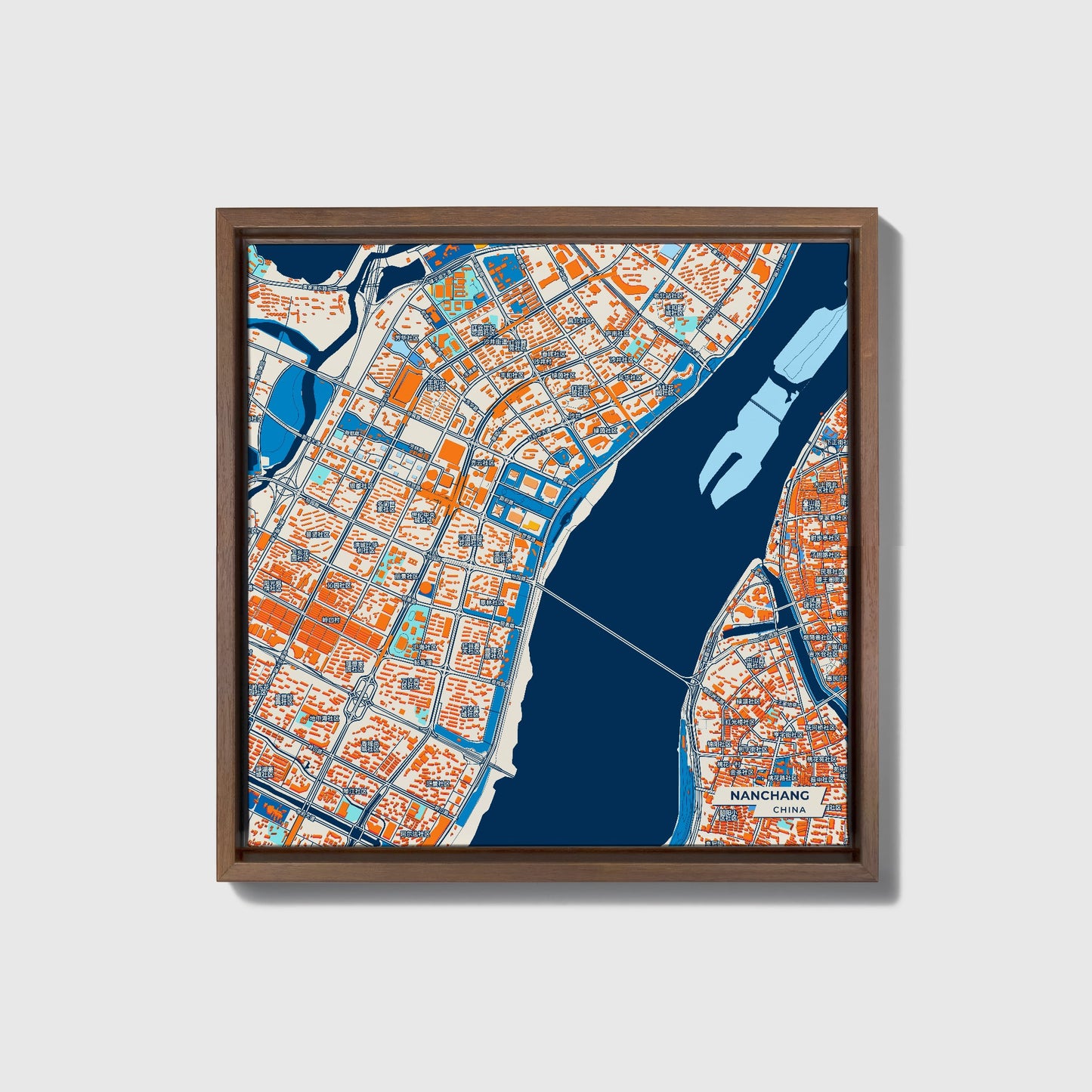 Nanchang China Colorful City Map Canvas Print • Dark Wooden Framed