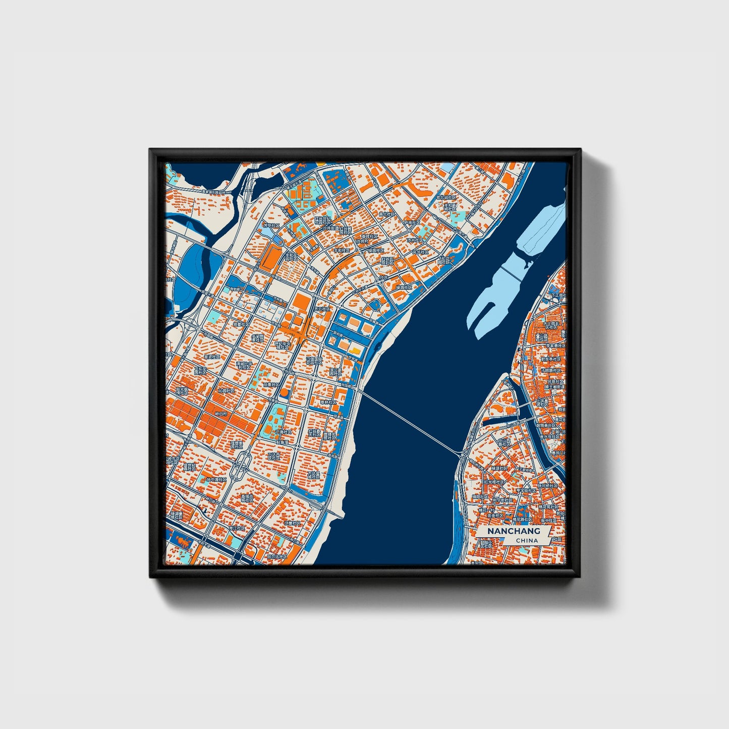 Nanchang China Colorful City Map Canvas Print • Black Framed