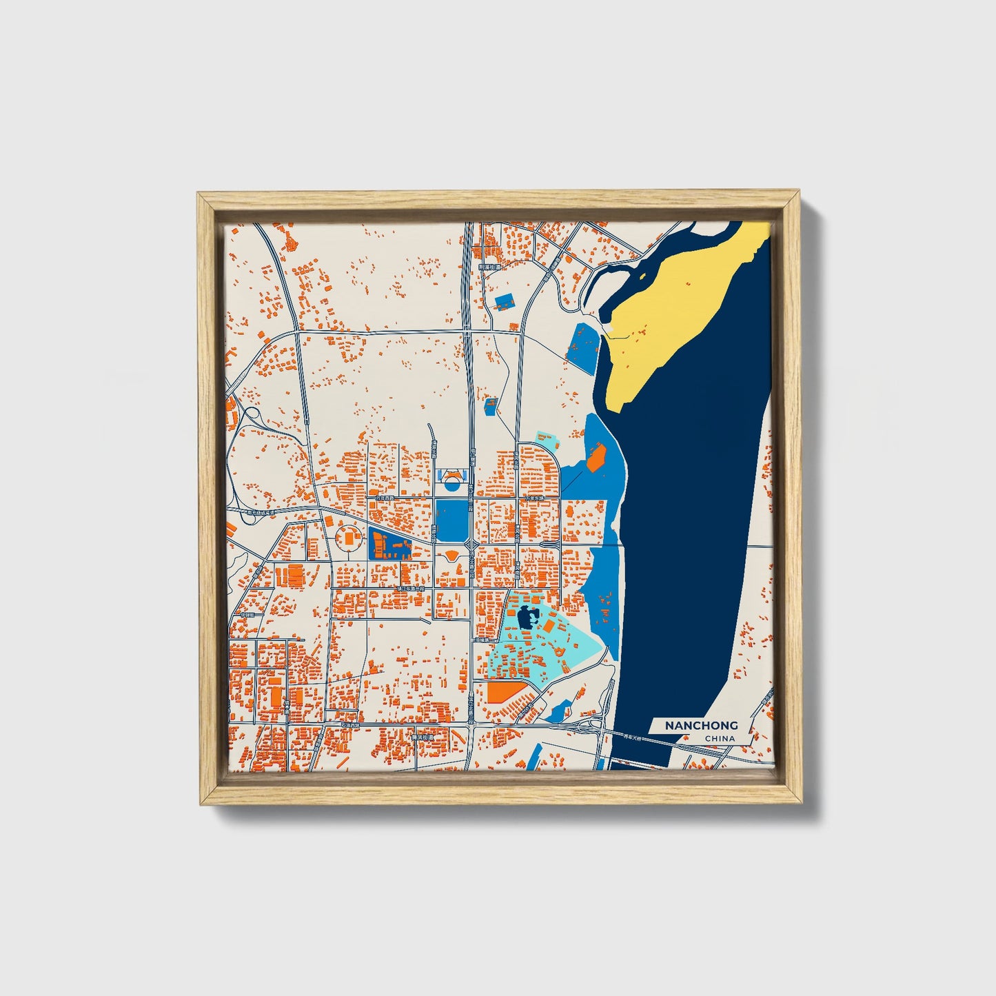 Nanchong China Colorful City Map Canvas Print • Natural Wooden Framed