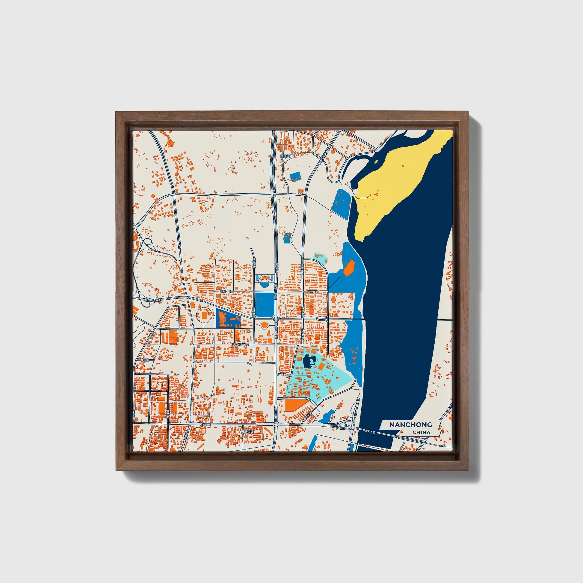 Nanchong China Colorful City Map Canvas Print • Dark Wooden Framed