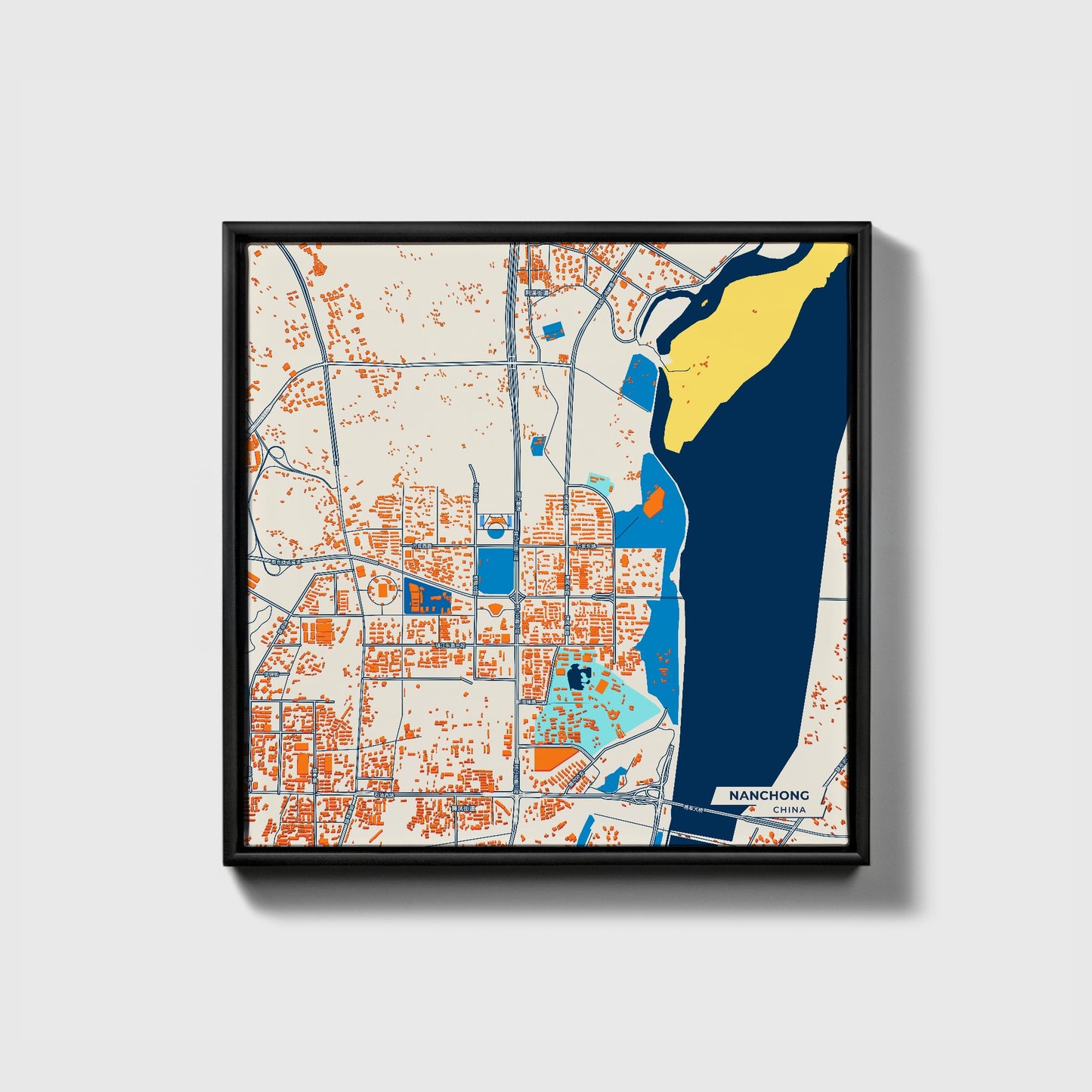 Nanchong China Colorful City Map Canvas Print • Black Framed
