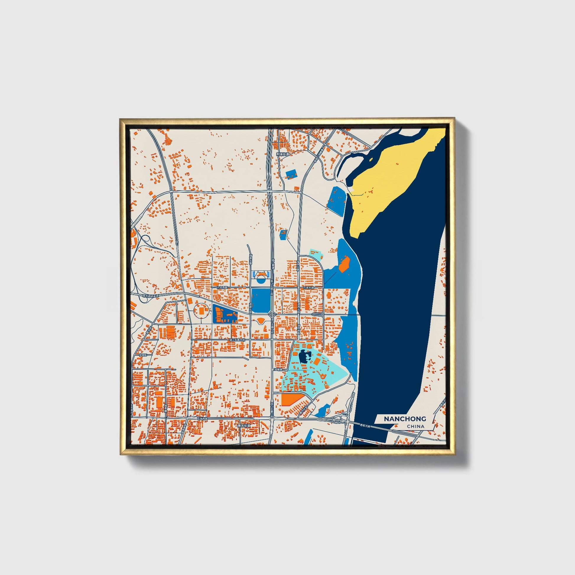 Nanchong China Colorful City Map Canvas Print • Gold Framed