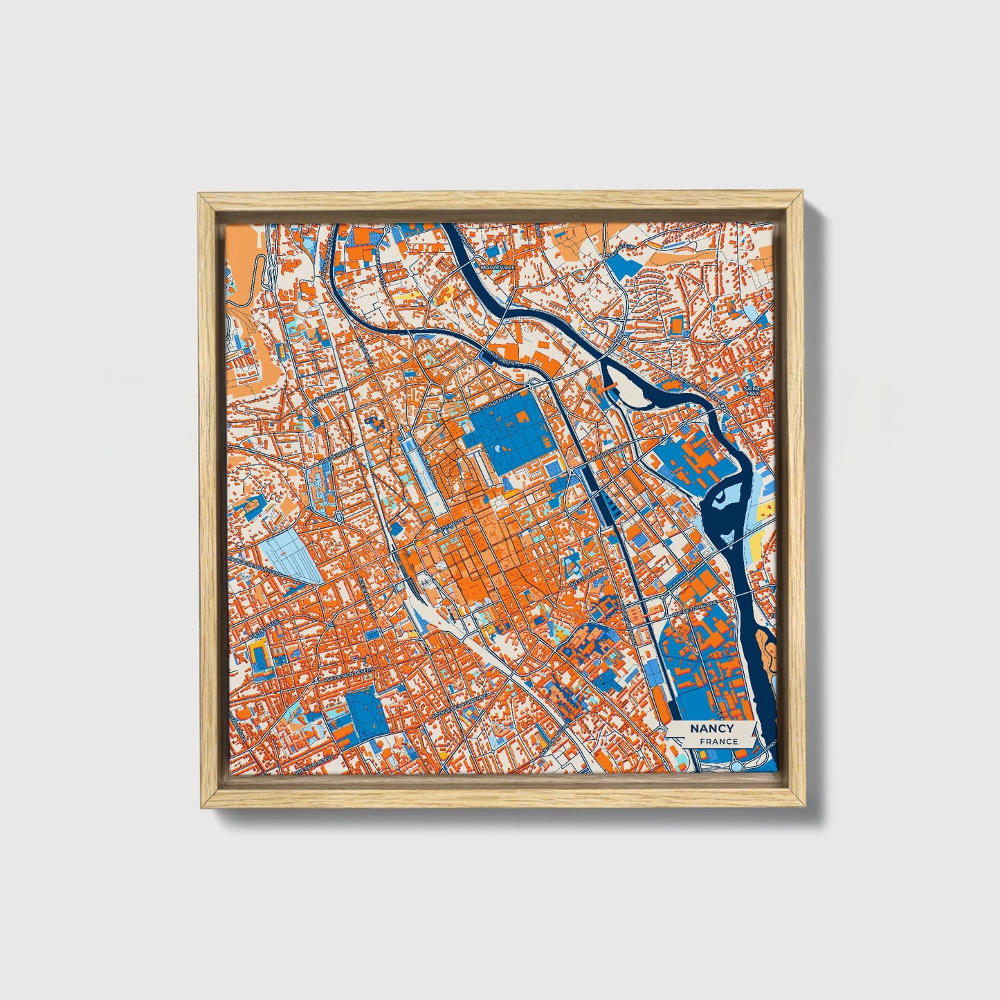 Nancy France Colorful City Map Canvas Print • Natural Wooden Framed