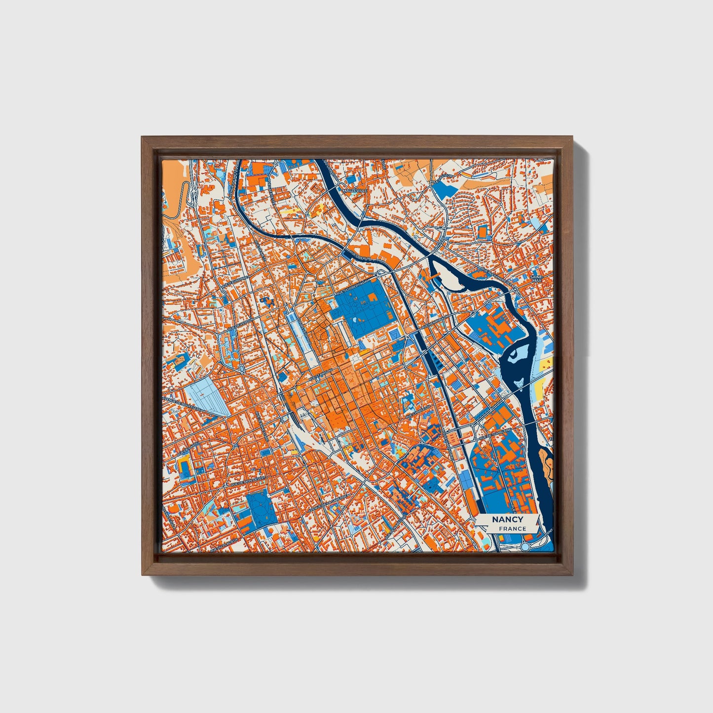 Nancy France Colorful City Map Canvas Print • Dark Wooden Framed