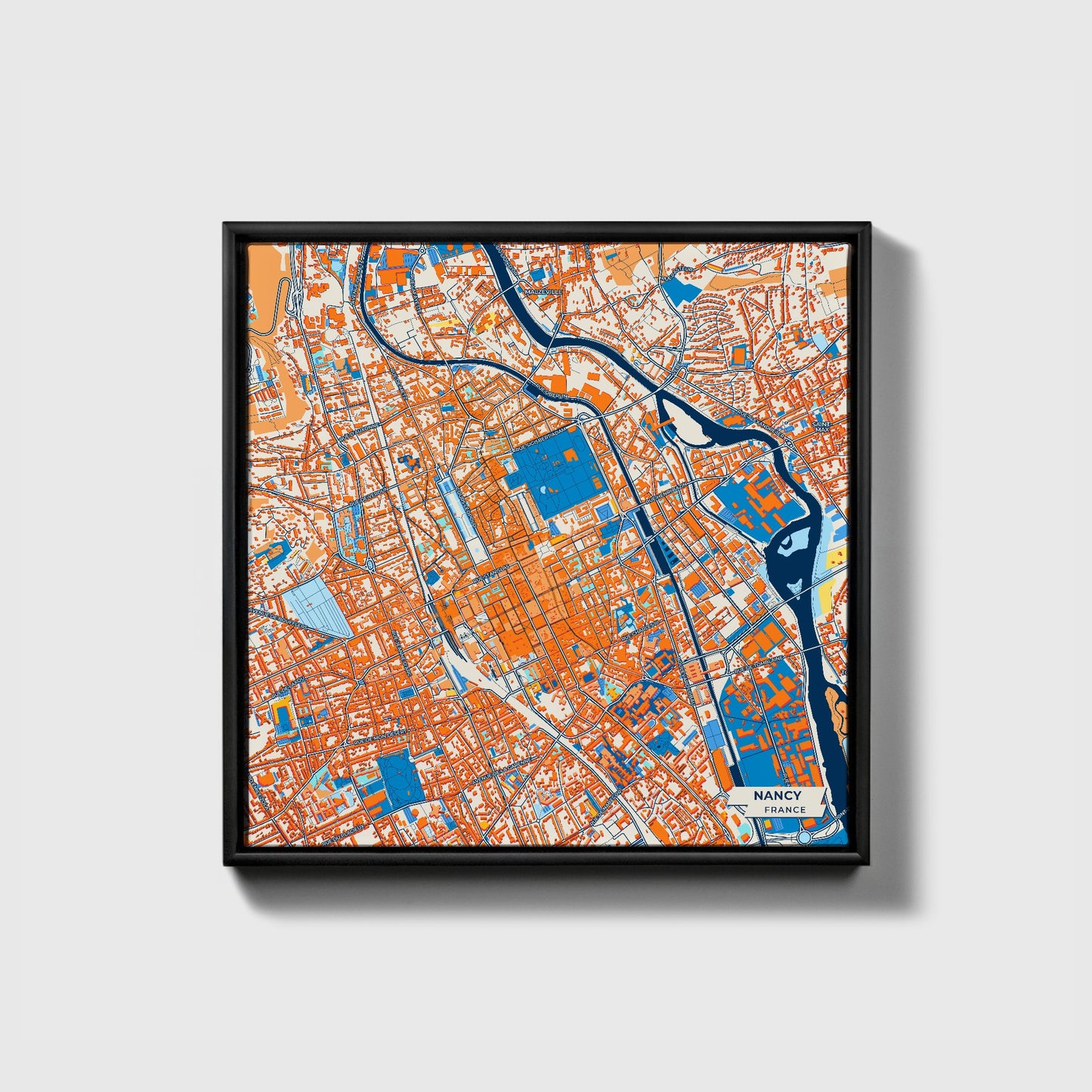 Nancy France Colorful City Map Canvas Print • Black Framed