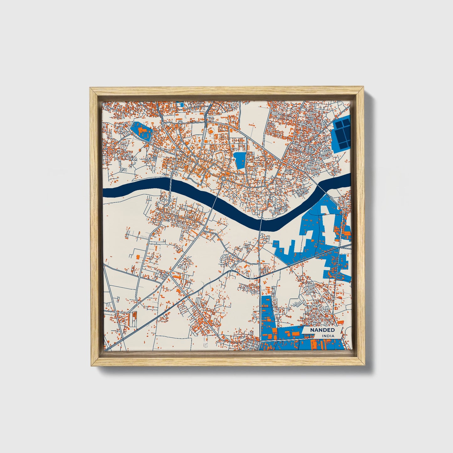 Nanded India Colorful City Map Canvas Print • Natural Wooden Framed
