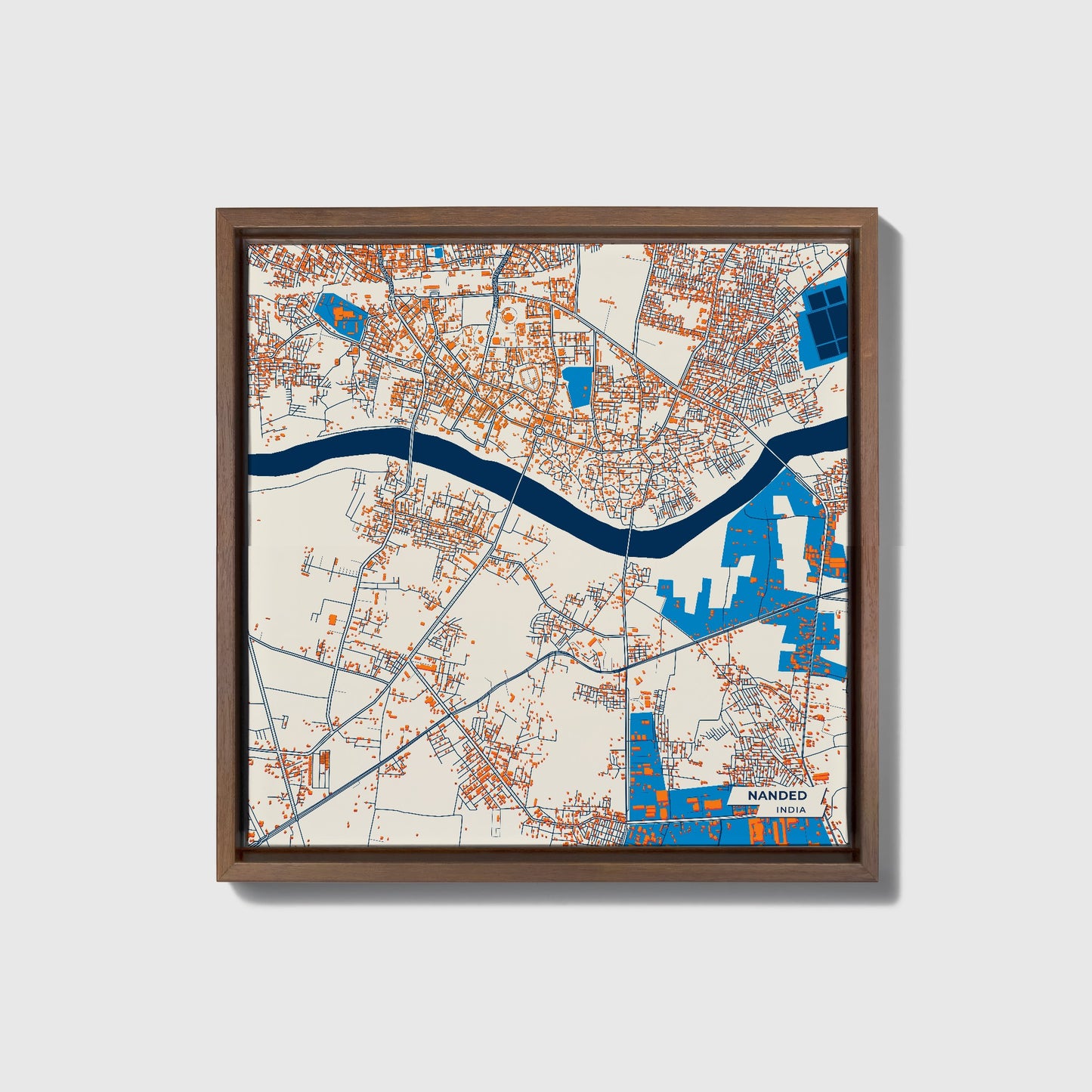 Nanded India Colorful City Map Canvas Print • Dark Wooden Framed