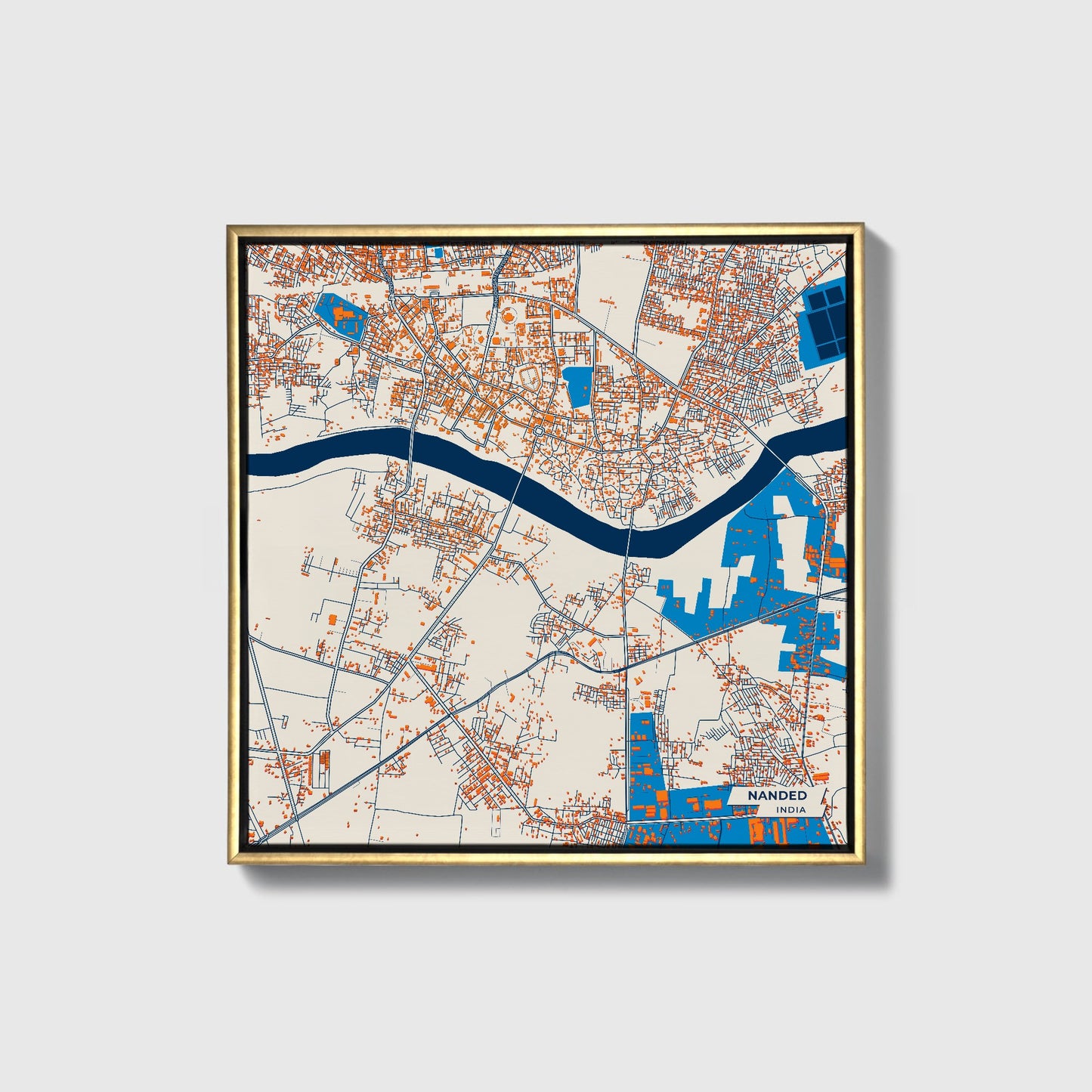 Nanded India Colorful City Map Canvas Print • Gold Framed
