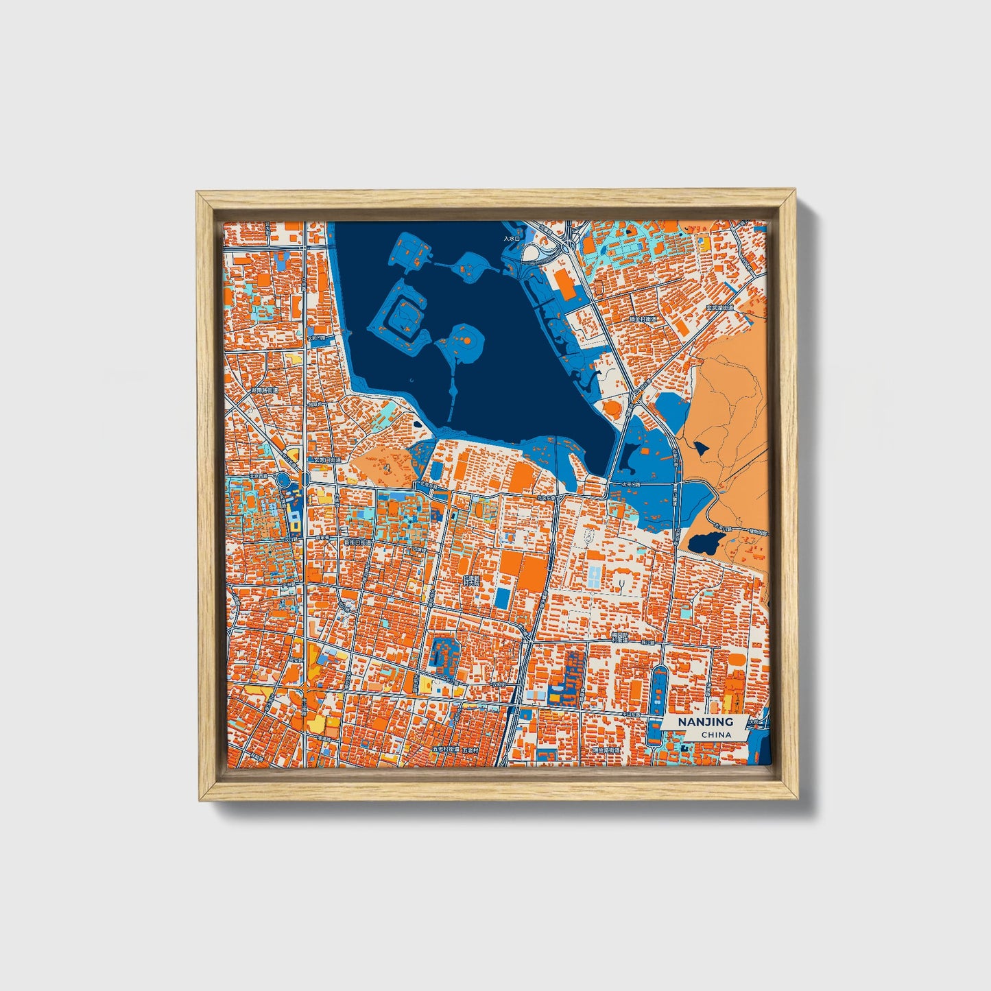 Nanjing China Colorful City Map Canvas Print • Natural Wooden Framed