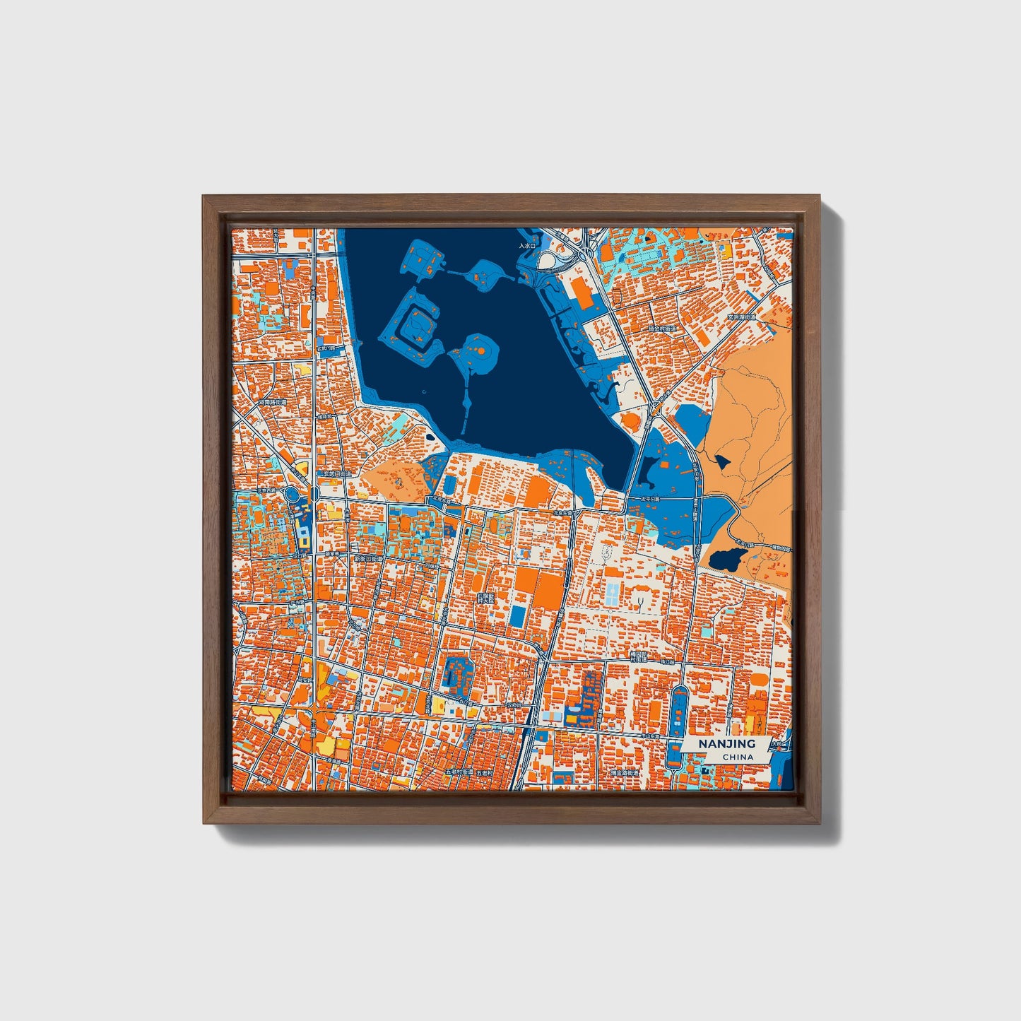 Nanjing China Colorful City Map Canvas Print • Dark Wooden Framed
