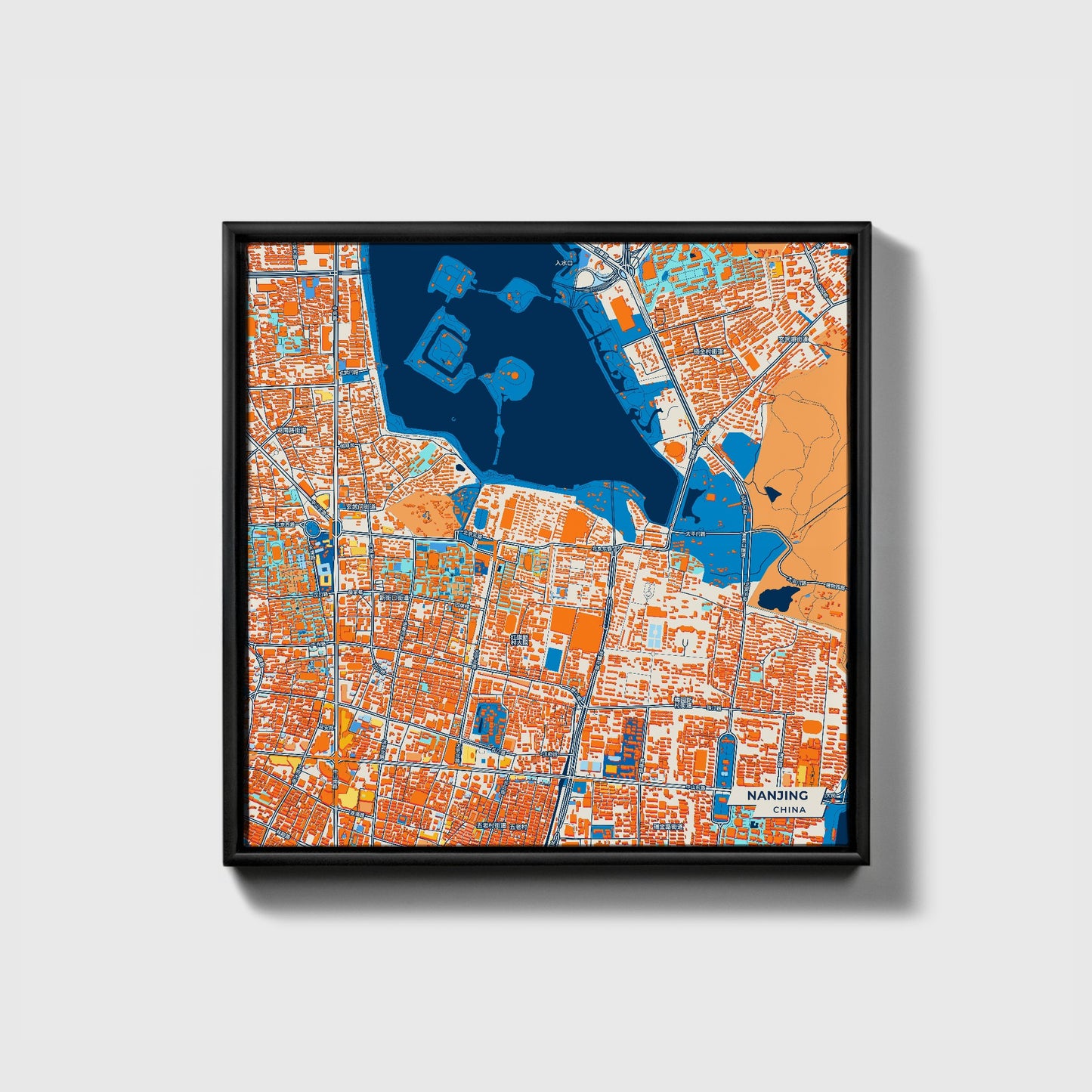 Nanjing China Colorful City Map Canvas Print • Black Framed