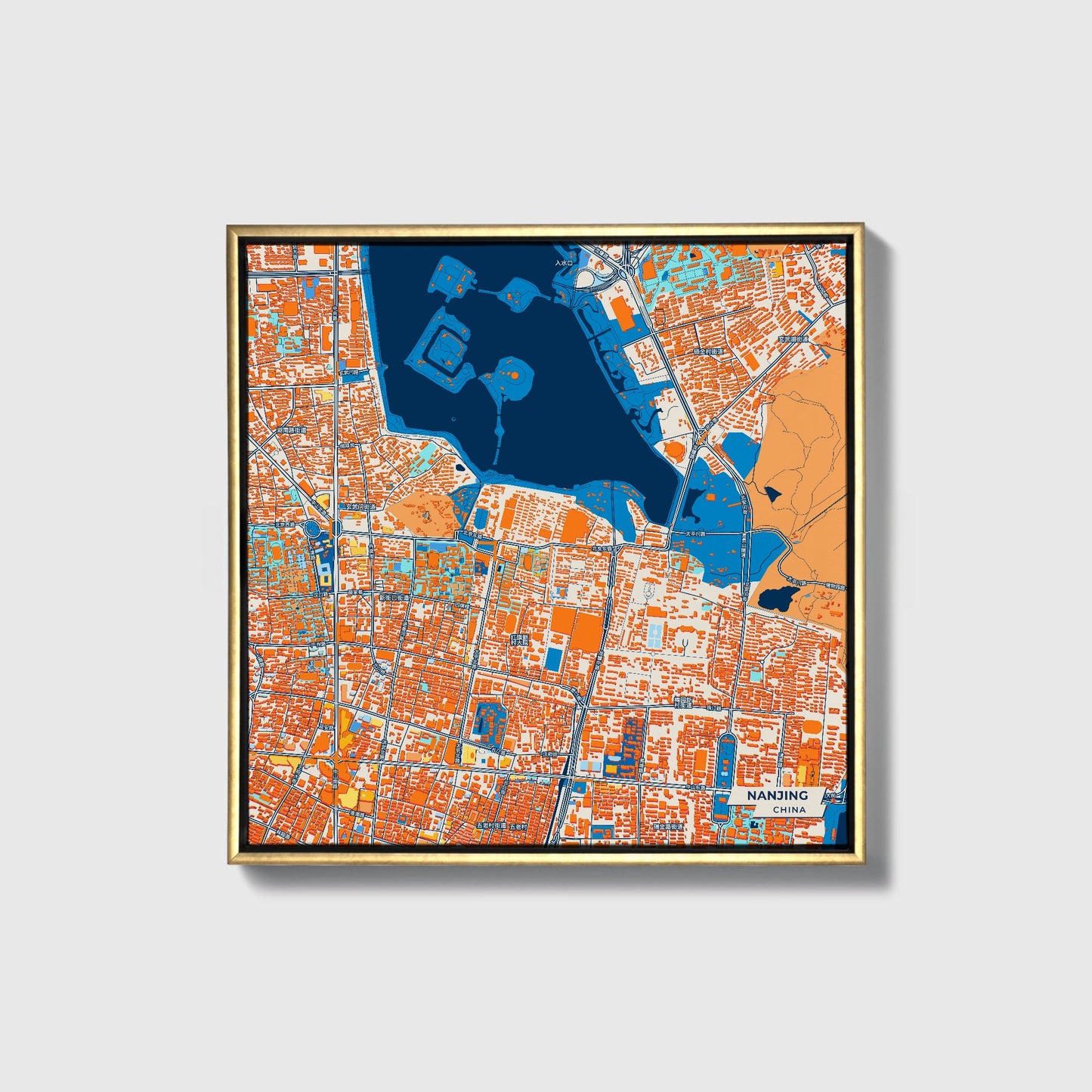 Nanjing China Colorful City Map Canvas Print • Gold Framed