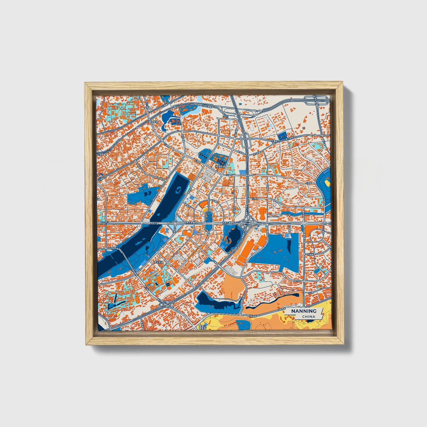 Nanning China Colorful City Map Canvas Print • Natural Wooden Framed