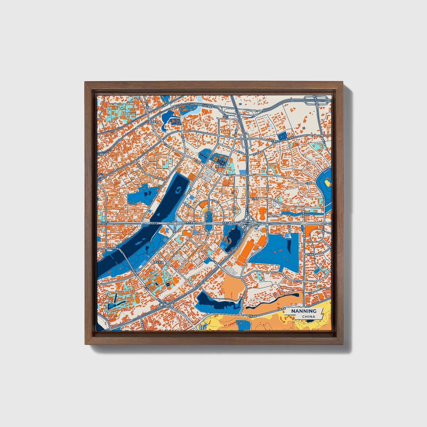 Nanning China Colorful City Map Canvas Print • Dark Wooden Framed