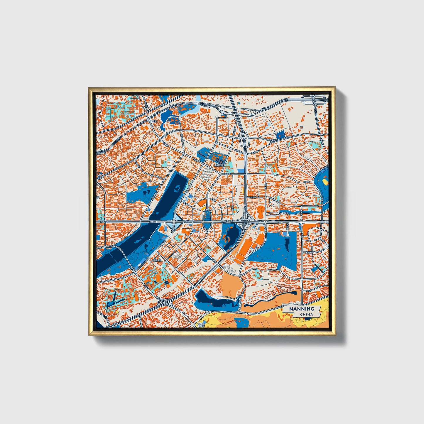Nanning China Colorful City Map Canvas Print • Gold Framed