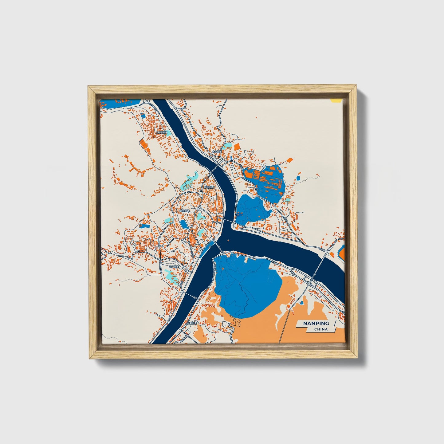 Nanping China Colorful City Map Canvas Print • Natural Wooden Framed