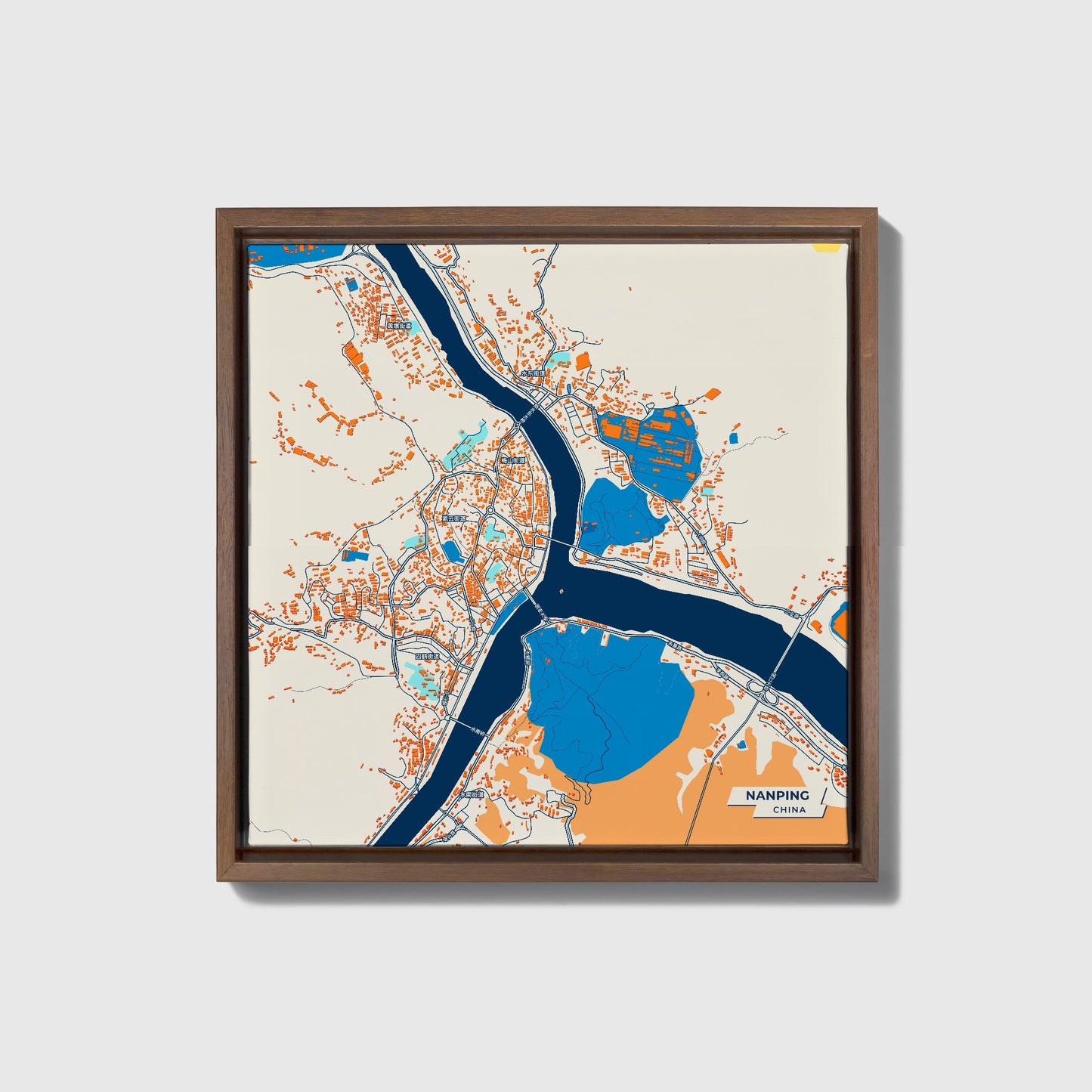 Nanping China Colorful City Map Canvas Print • Dark Wooden Framed