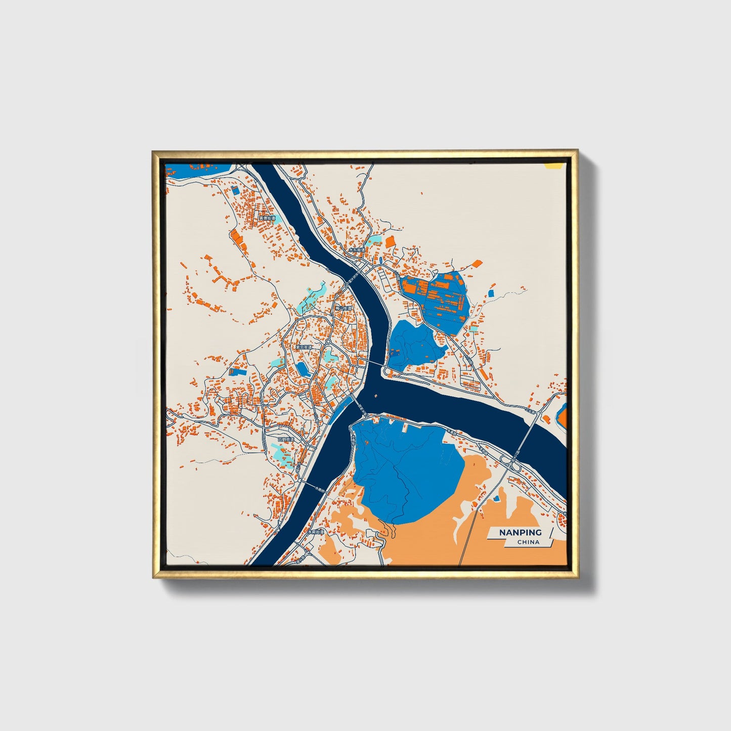 Nanping China Colorful City Map Canvas Print • Gold Framed