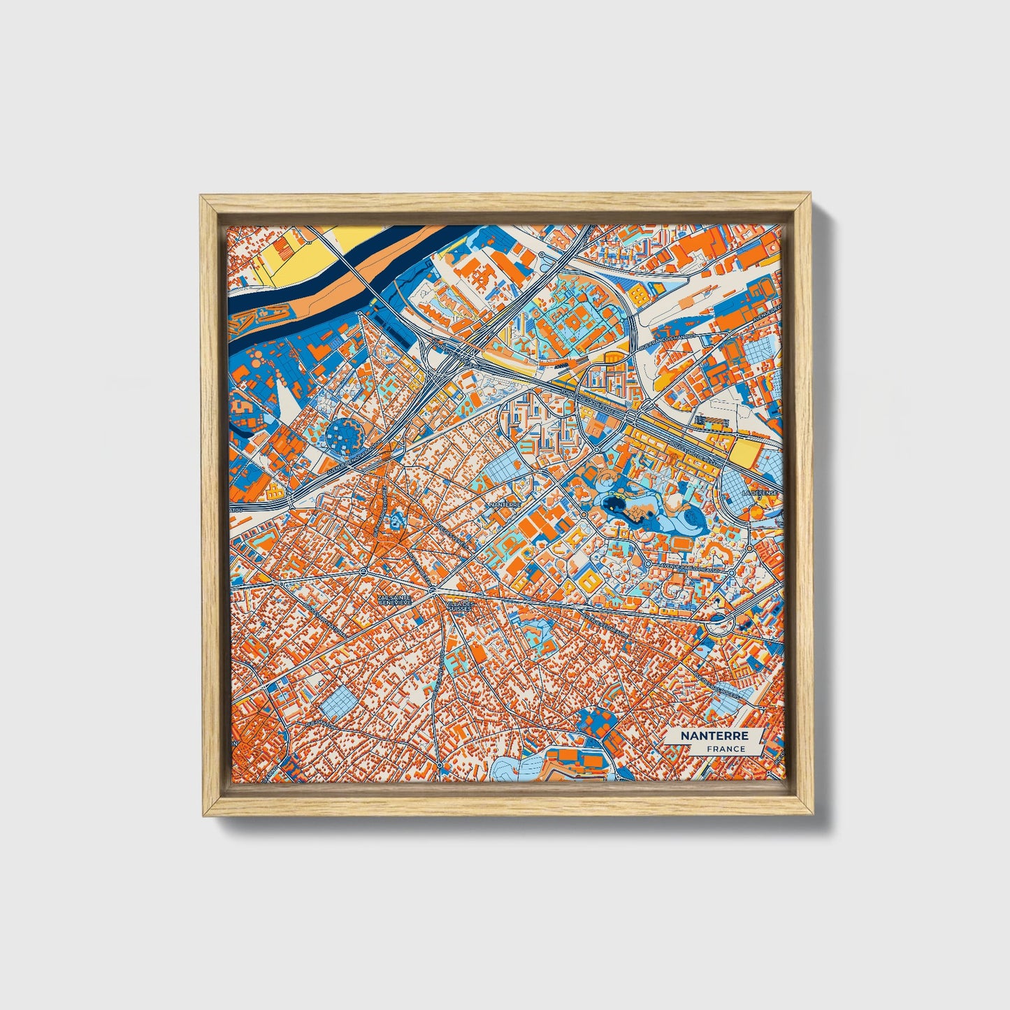 Nanterre France Colorful City Map Canvas Print • Natural Wooden Framed