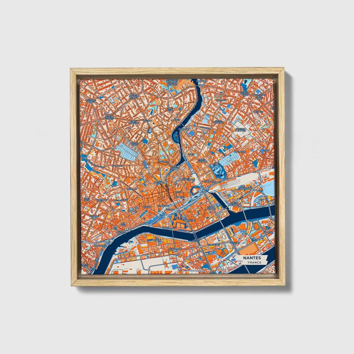 Nantes France Colorful City Map Canvas Print • Natural Wooden Framed