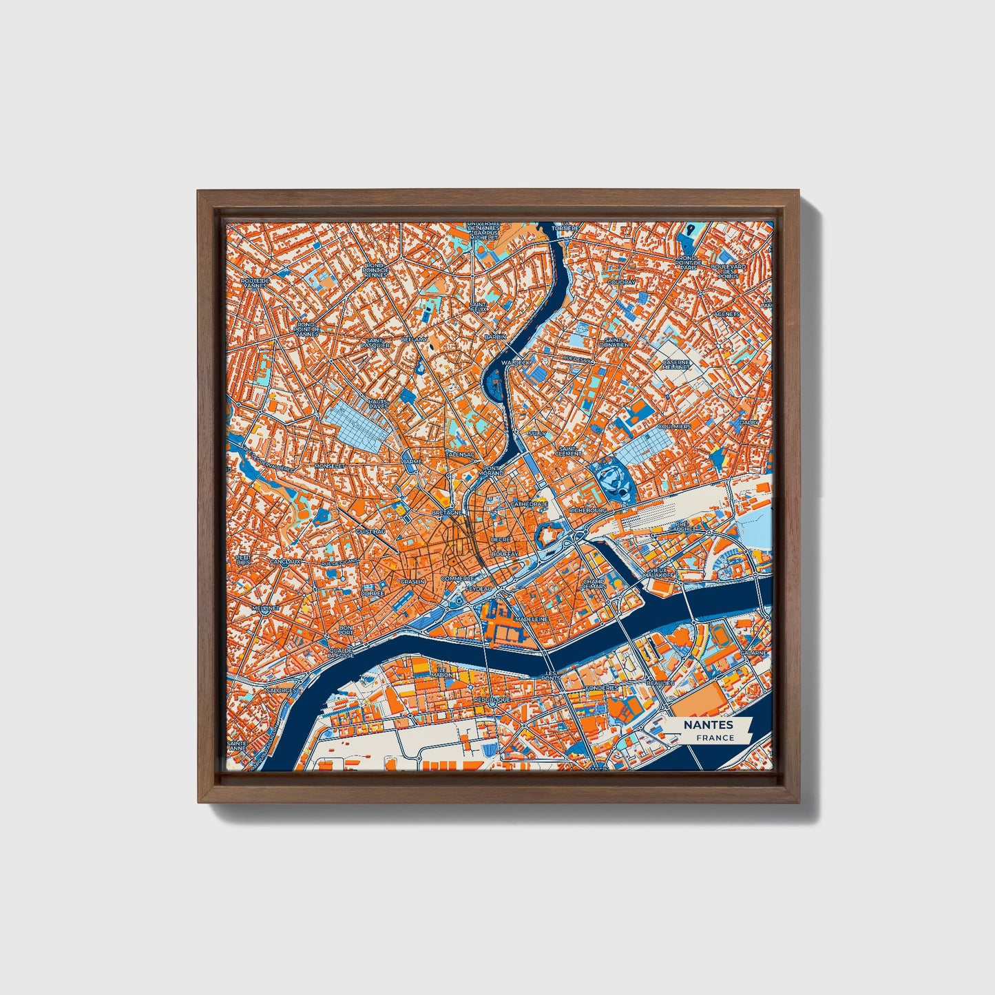 Nantes France Colorful City Map Canvas Print • Dark Wooden Framed