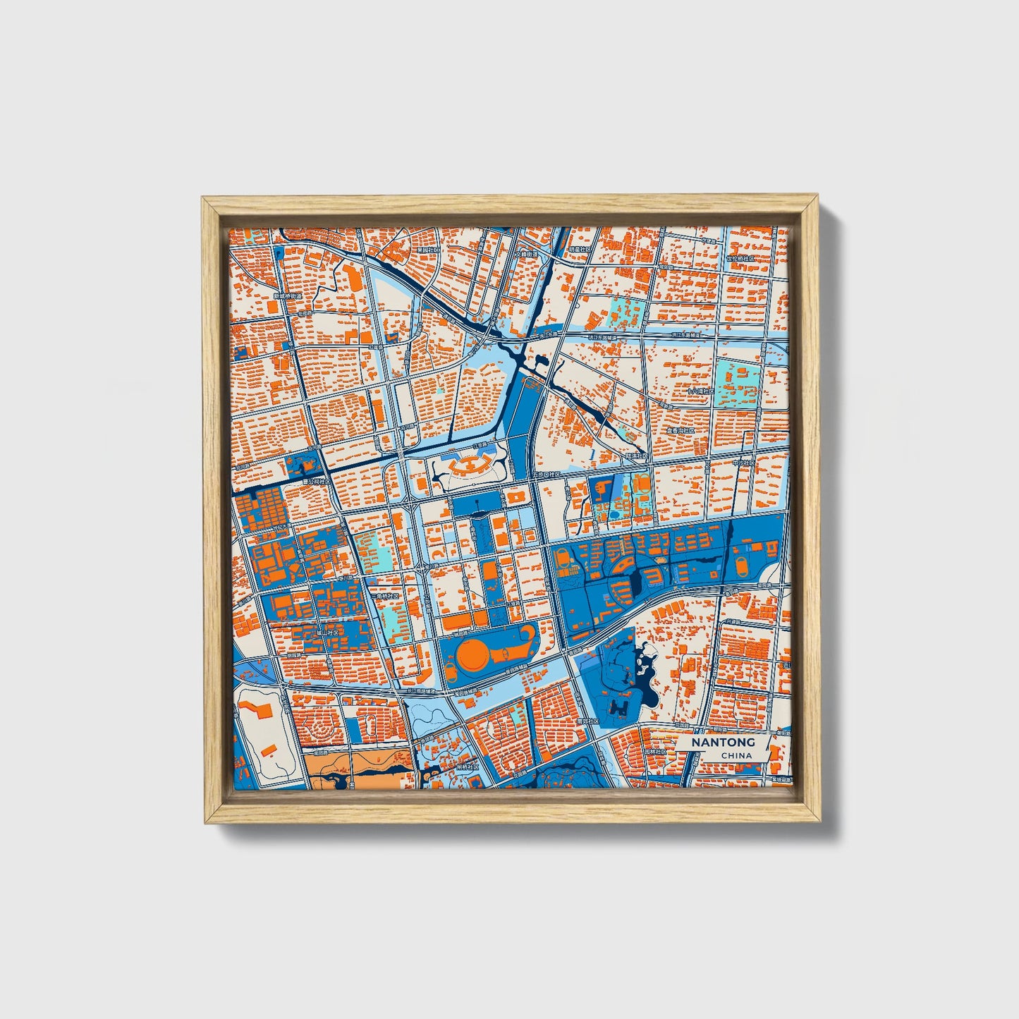 Nantong China Colorful City Map Canvas Print • Natural Wooden Framed
