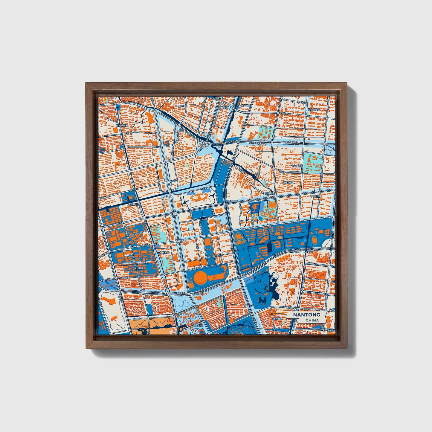 Nantong China Colorful City Map Canvas Print • Dark Wooden Framed