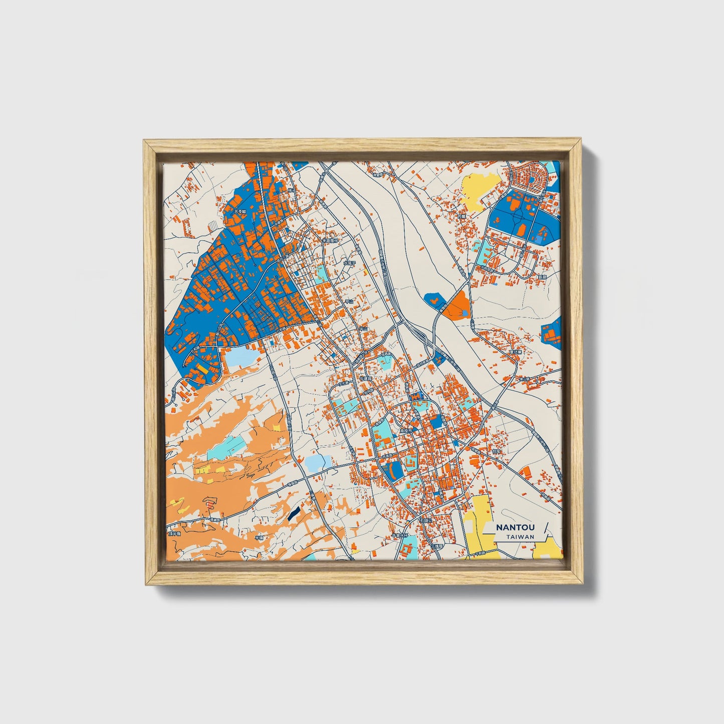 Nantou Taiwan Colorful City Map Canvas Print • Natural Wooden Framed