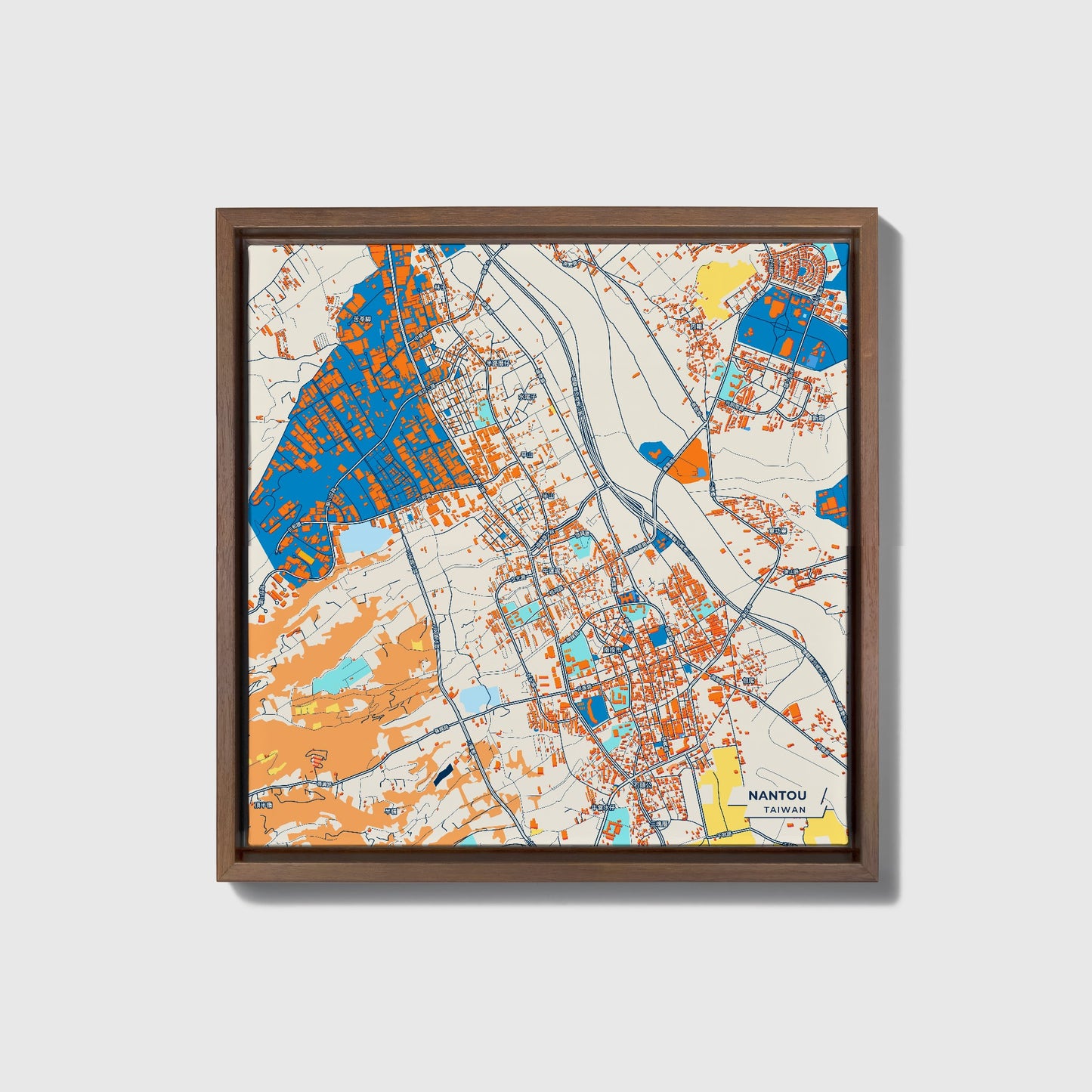 Nantou Taiwan Colorful City Map Canvas Print • Dark Wooden Framed